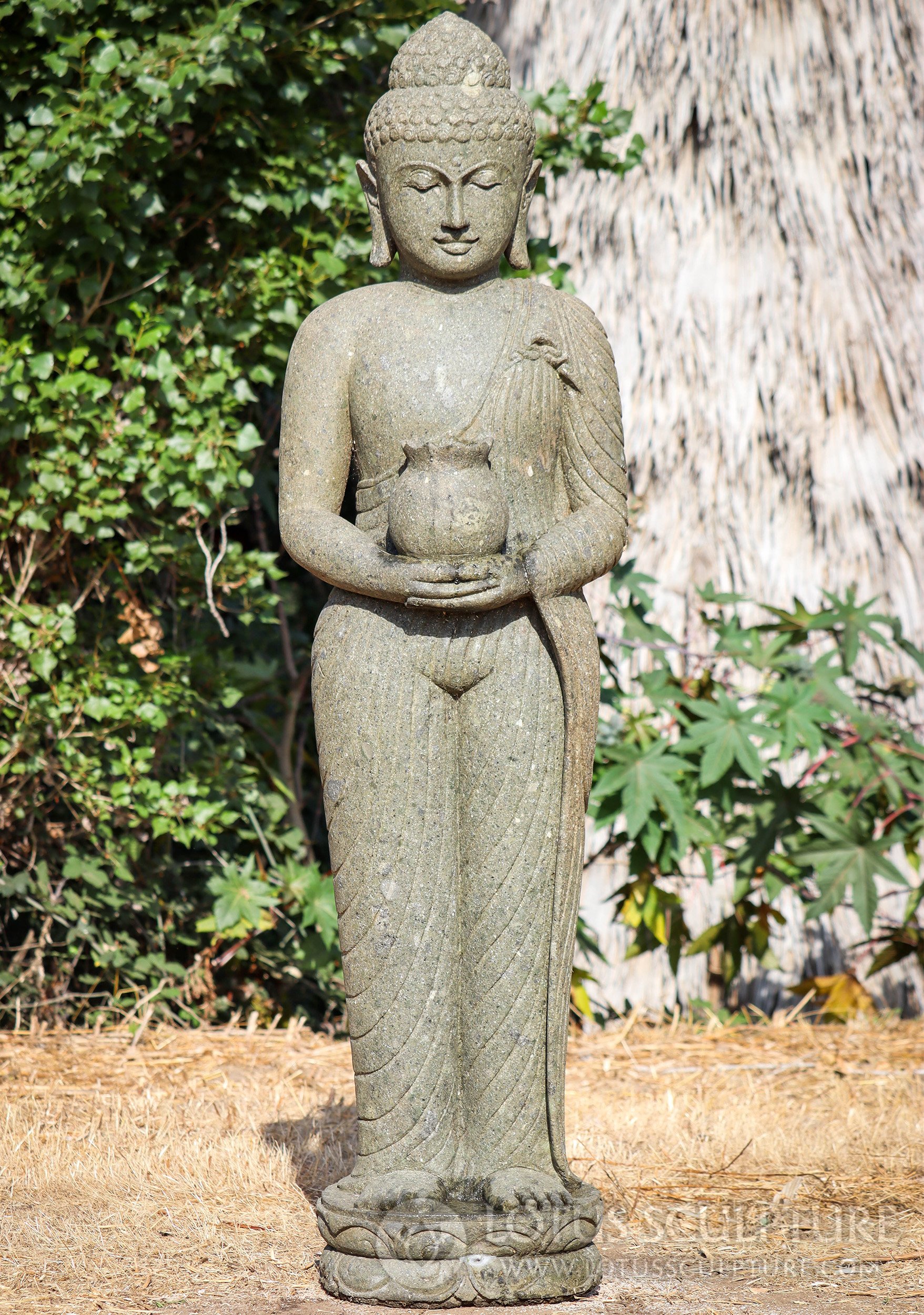 Standing Buddha Sculpture Holding Alms Bowl Hand Carved Lava Stone Garden Statue 63"