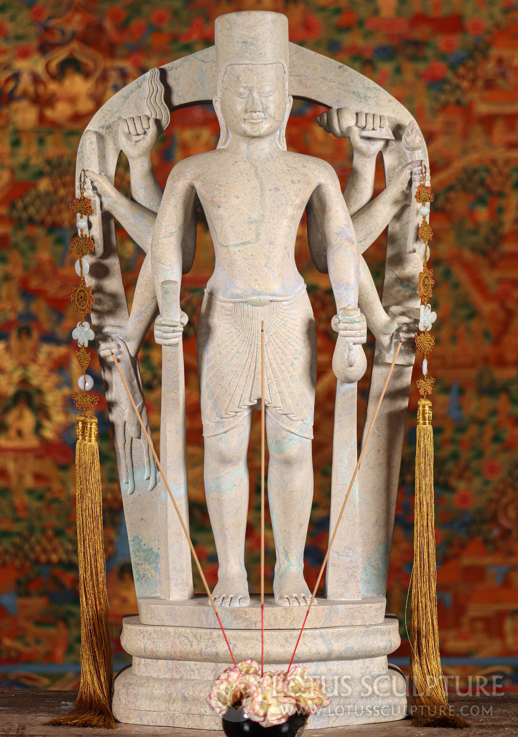 Vishnu Statue with Eight Arms - Hand-Carved Warm Tones in Unpolished Cambodian Marble 24"