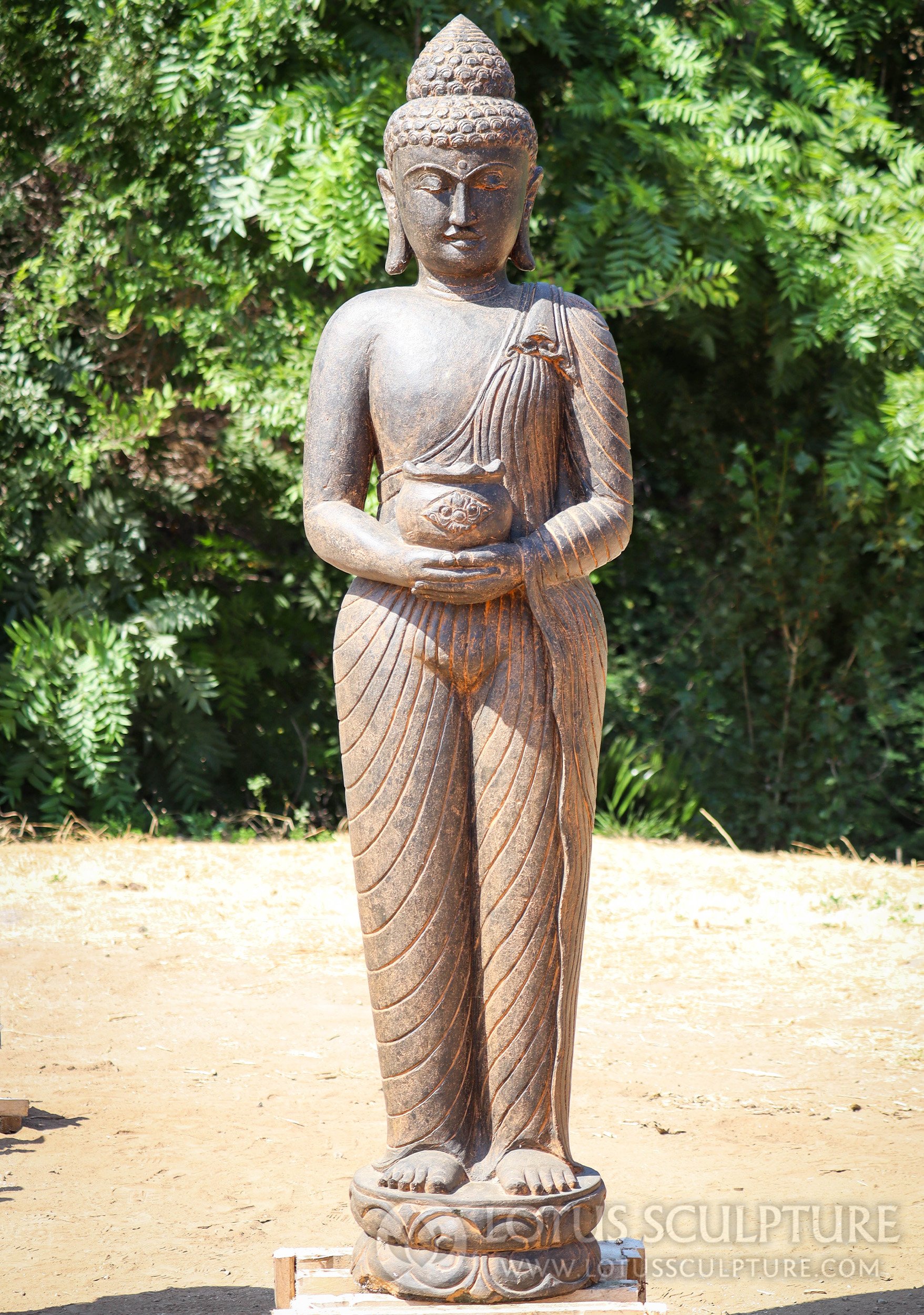 Buddha Sculpture Holding Alms Bowl Hand Carved Saffron Lava Stone Statue 80"