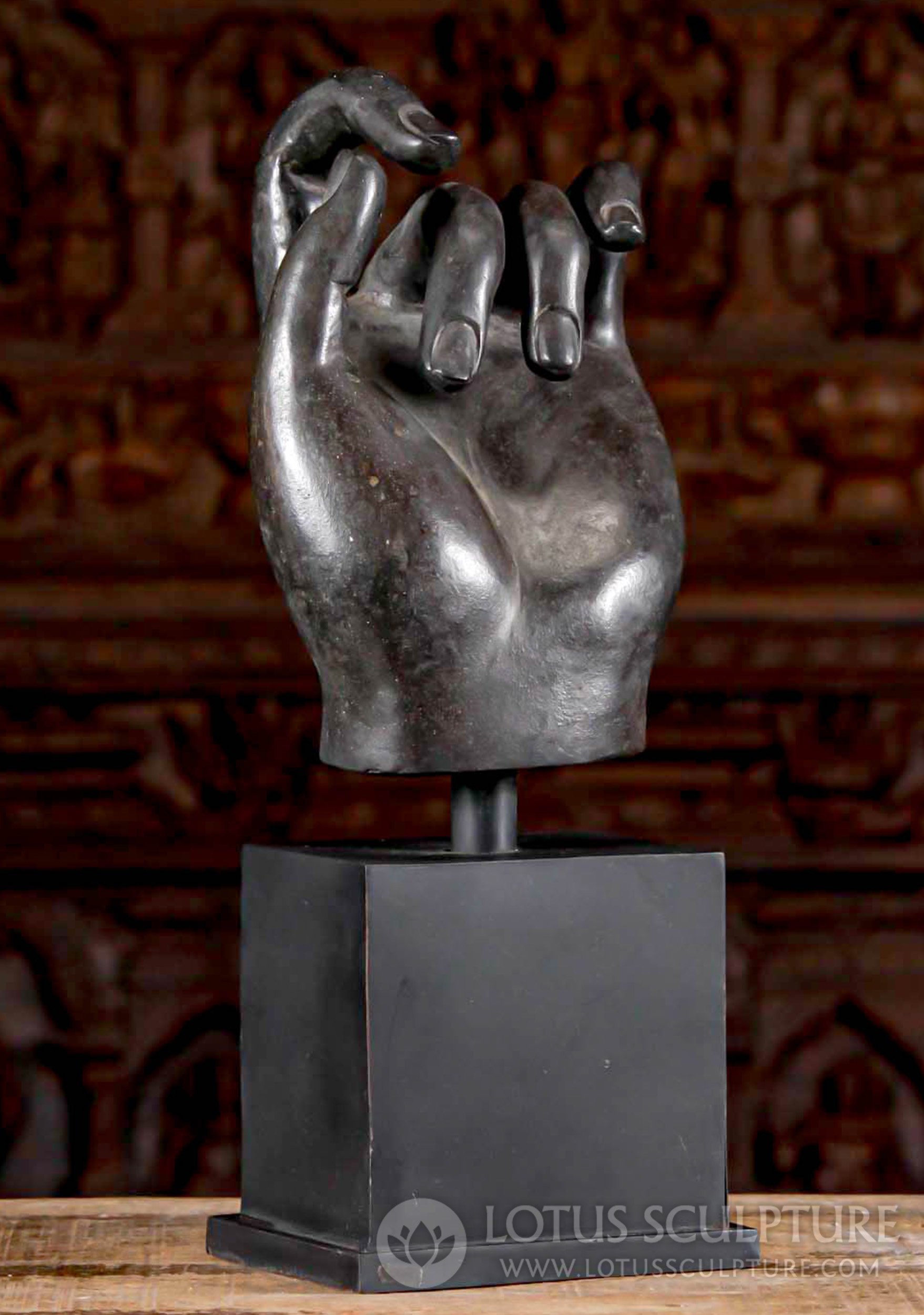 Hand of the Buddha in the Dharmachakra Mudra Cast in Brass on Wood Stand 18.5"