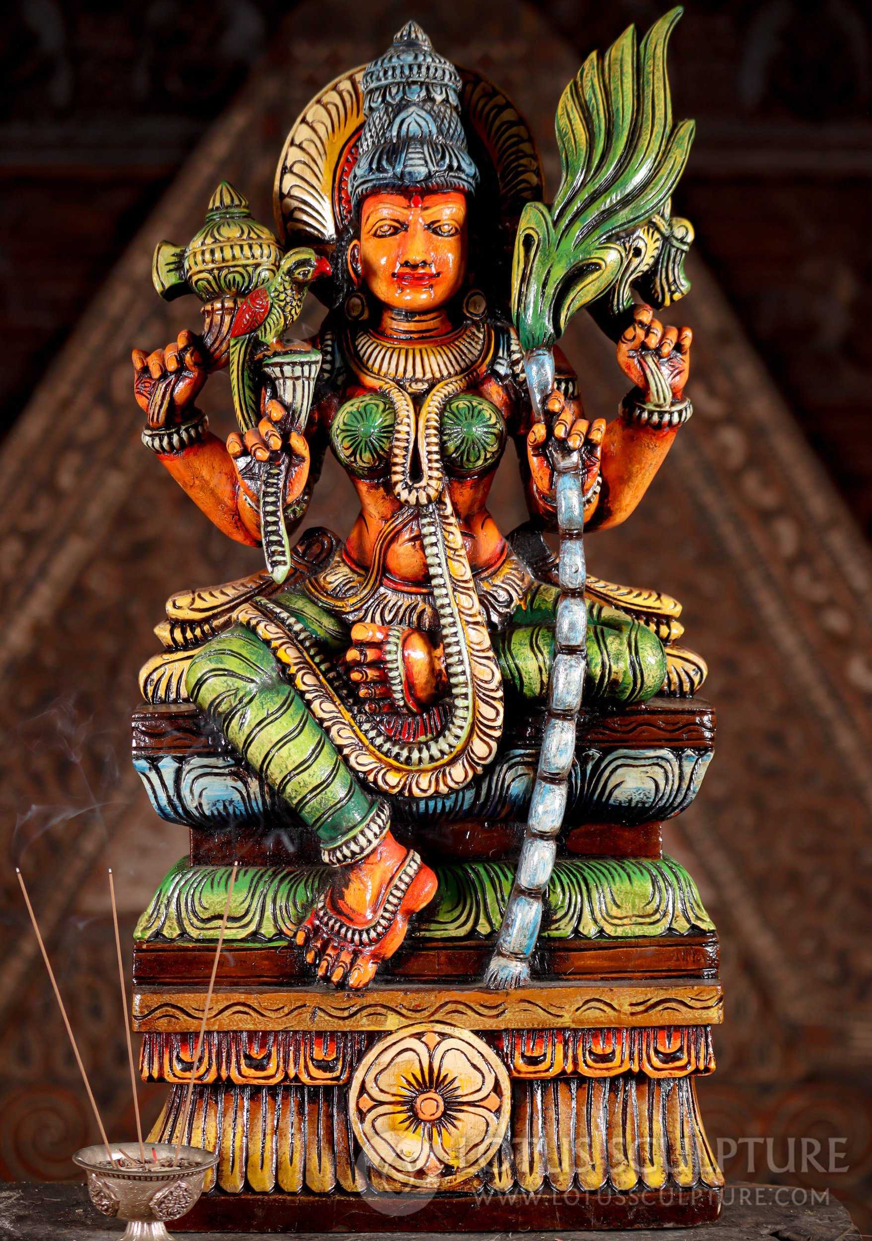 Rajarajeshwari Wooden Sculpture Tripura Sundari  with Parrot, Sugar Cane, Ax, and Noose 24"