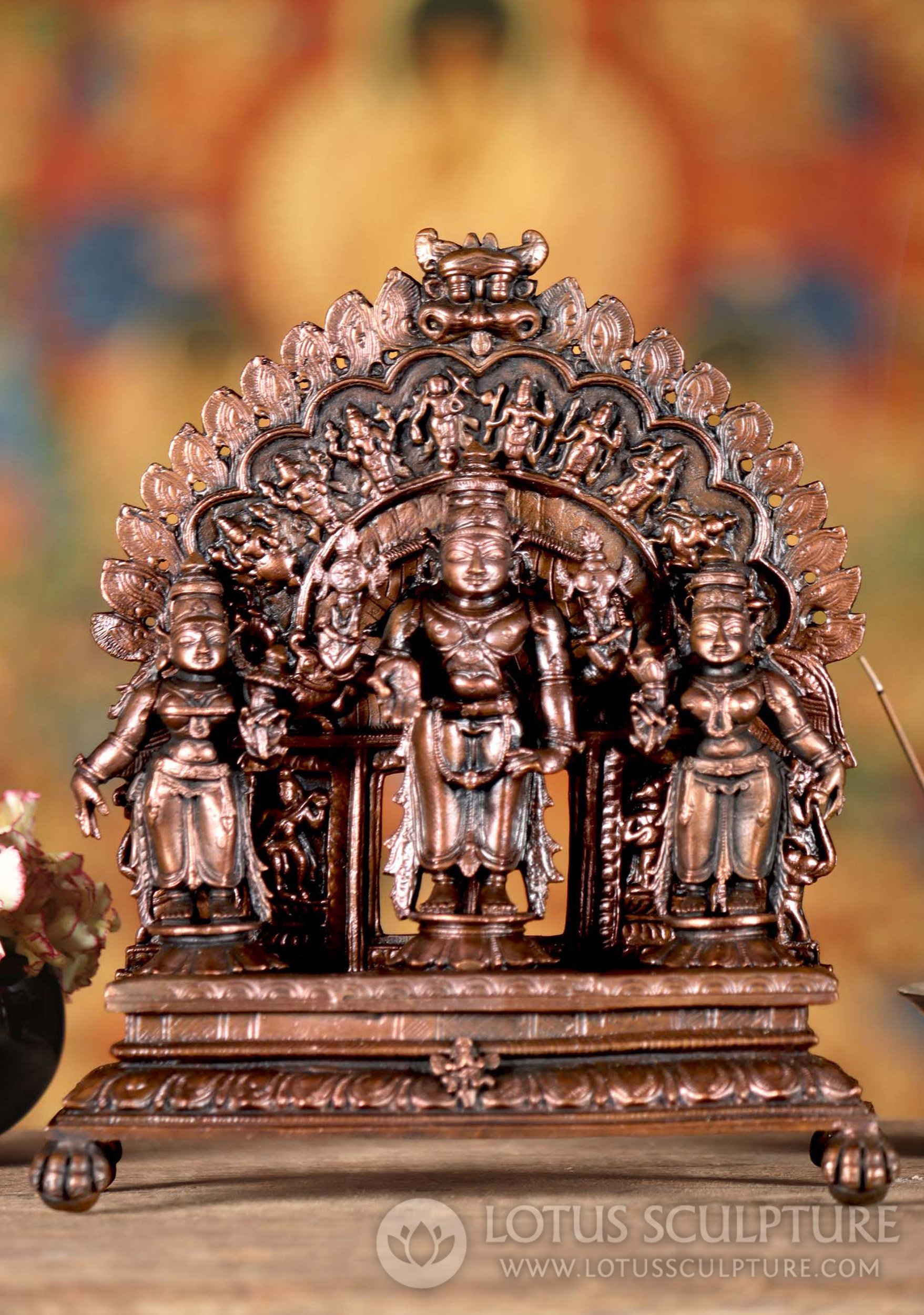 Vishnu with Bhudevi and Shreedevi - Indian Copper Hindu God with Consorts & Arch 7"