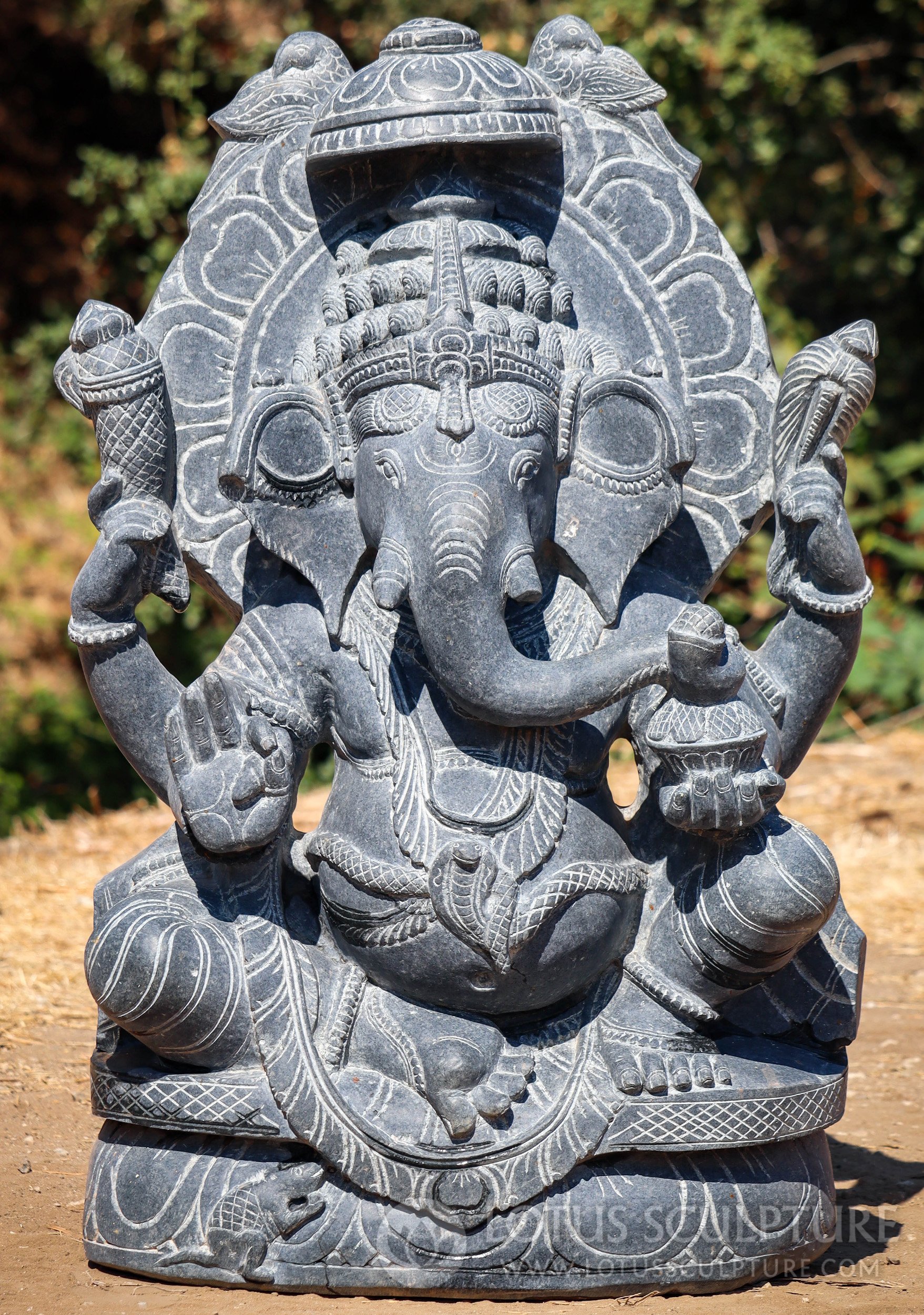 Ganesh Statue on Lotus Base with Goad, Noose, Tusk & Sweets - Odishan Granite 38"