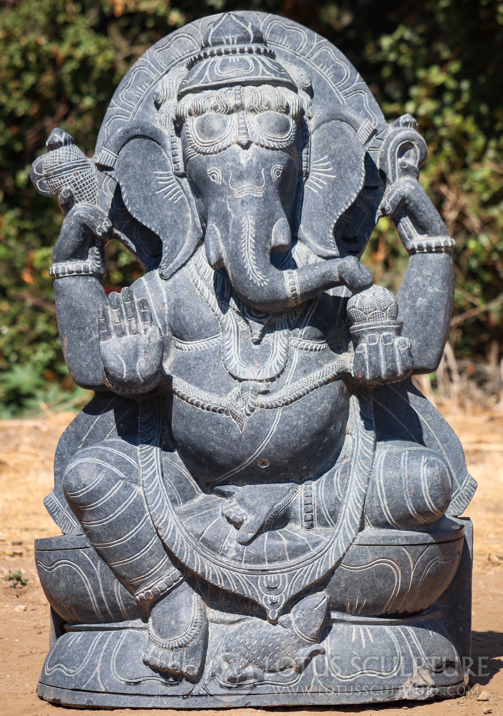 Ganesh Statue - Seated on Lotus Base with Goad, Noose, and Sweets - Odishan Granite 39"