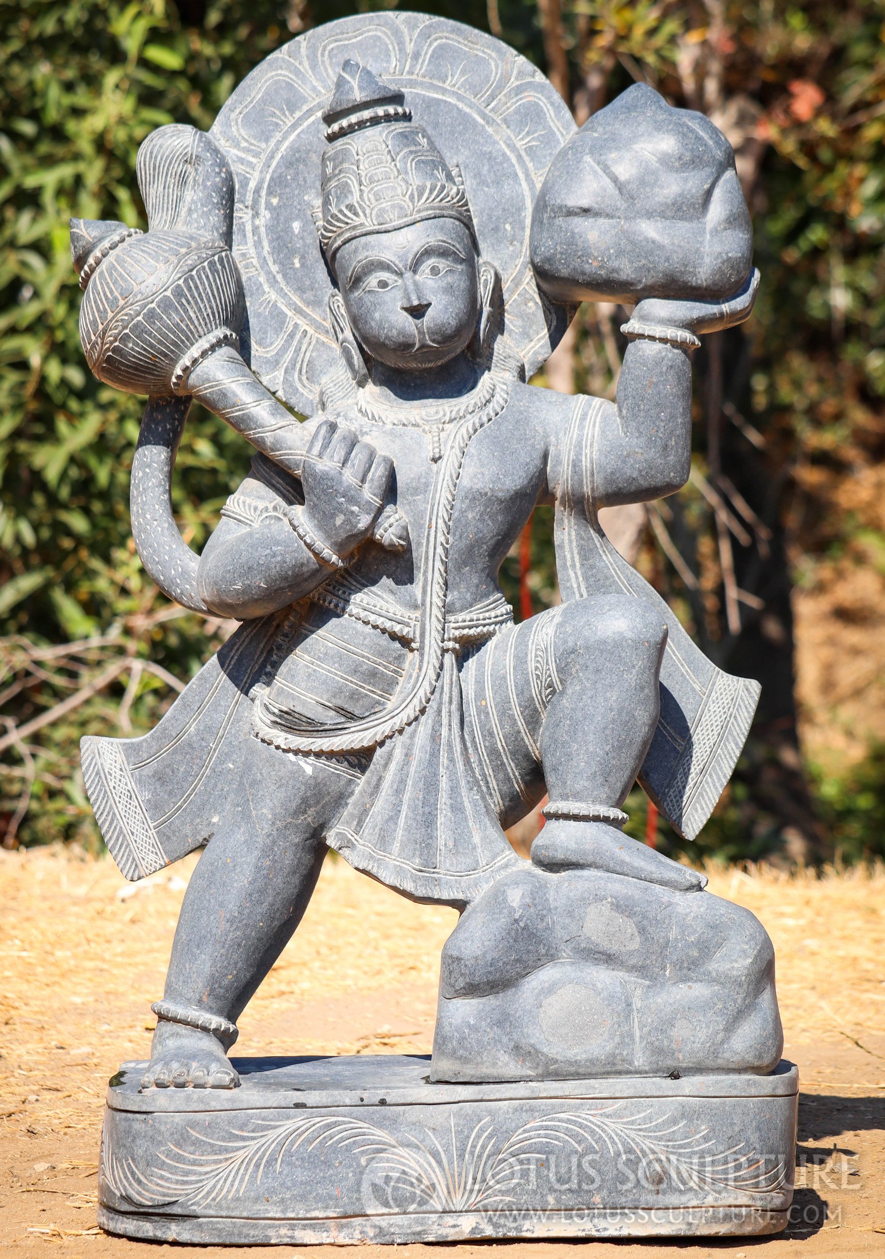 Hanuman Black Granite Statue - Ramayana Hero Carrying Mountain of Herbs 42.5"