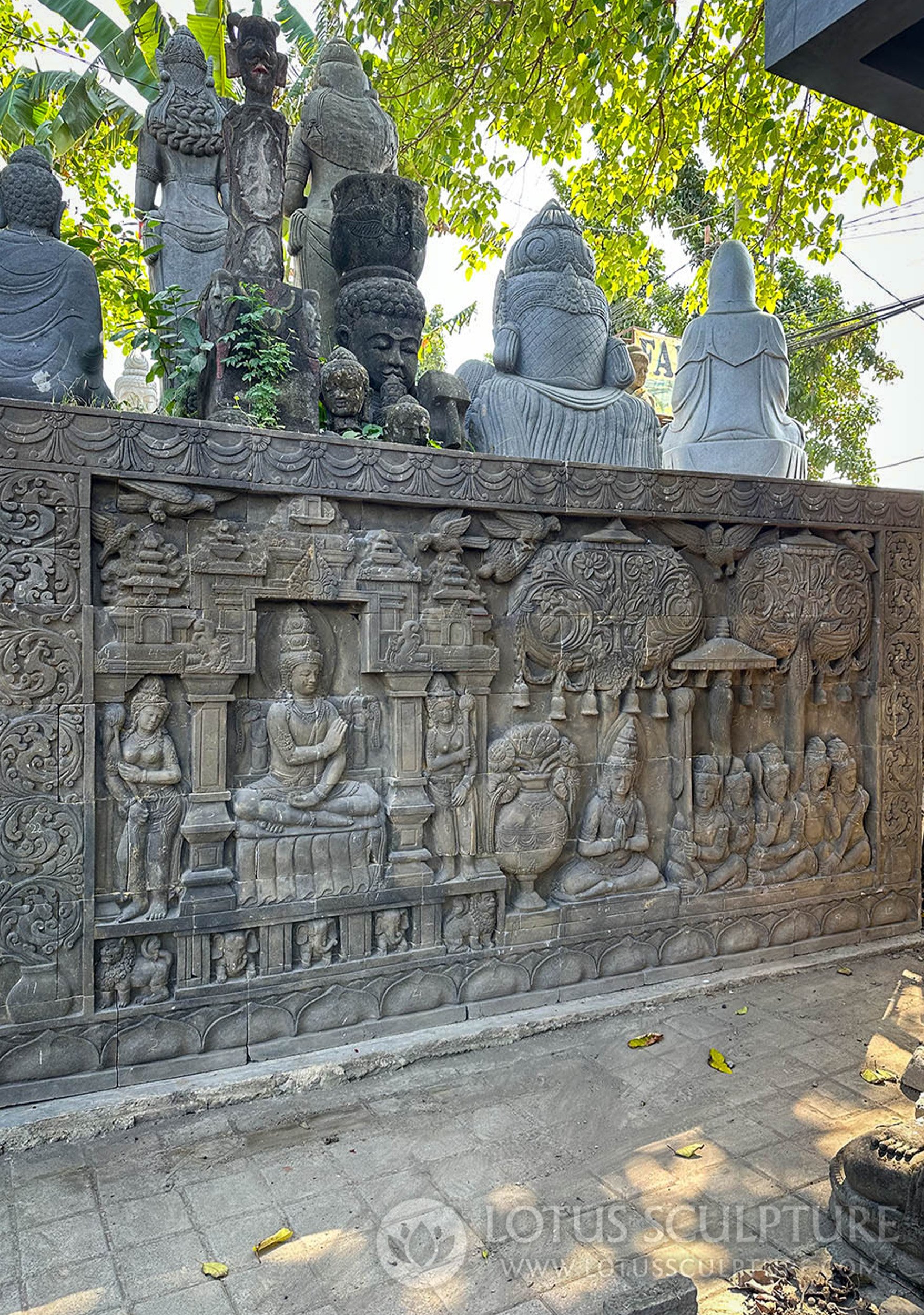 Borobudur Temple Buddha Carving - Hand-Carved Lava Stone Relief with Forest and Temple 7x13'