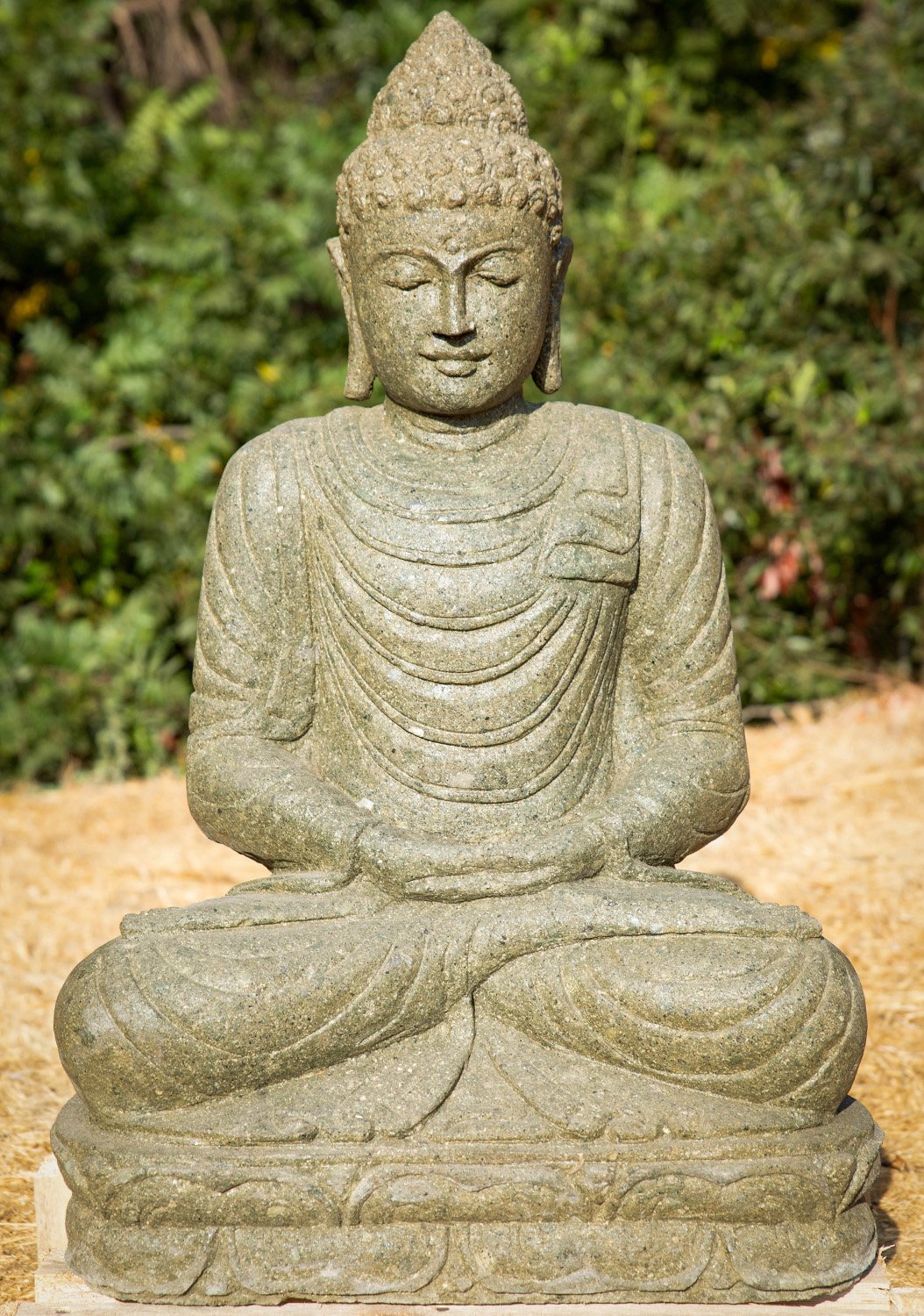 Buddha Garden Sculpture, Hand-Carved Green Lava Stone in Meditative Dhyana Mudra 33"