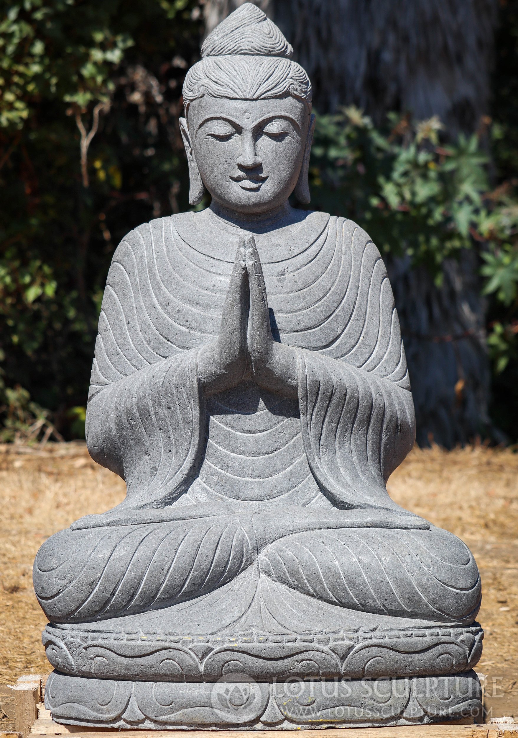 Buddha in Anjali Namaste Mudra - Hand Carved Natural Lava Stone Garden Sculpture 37"