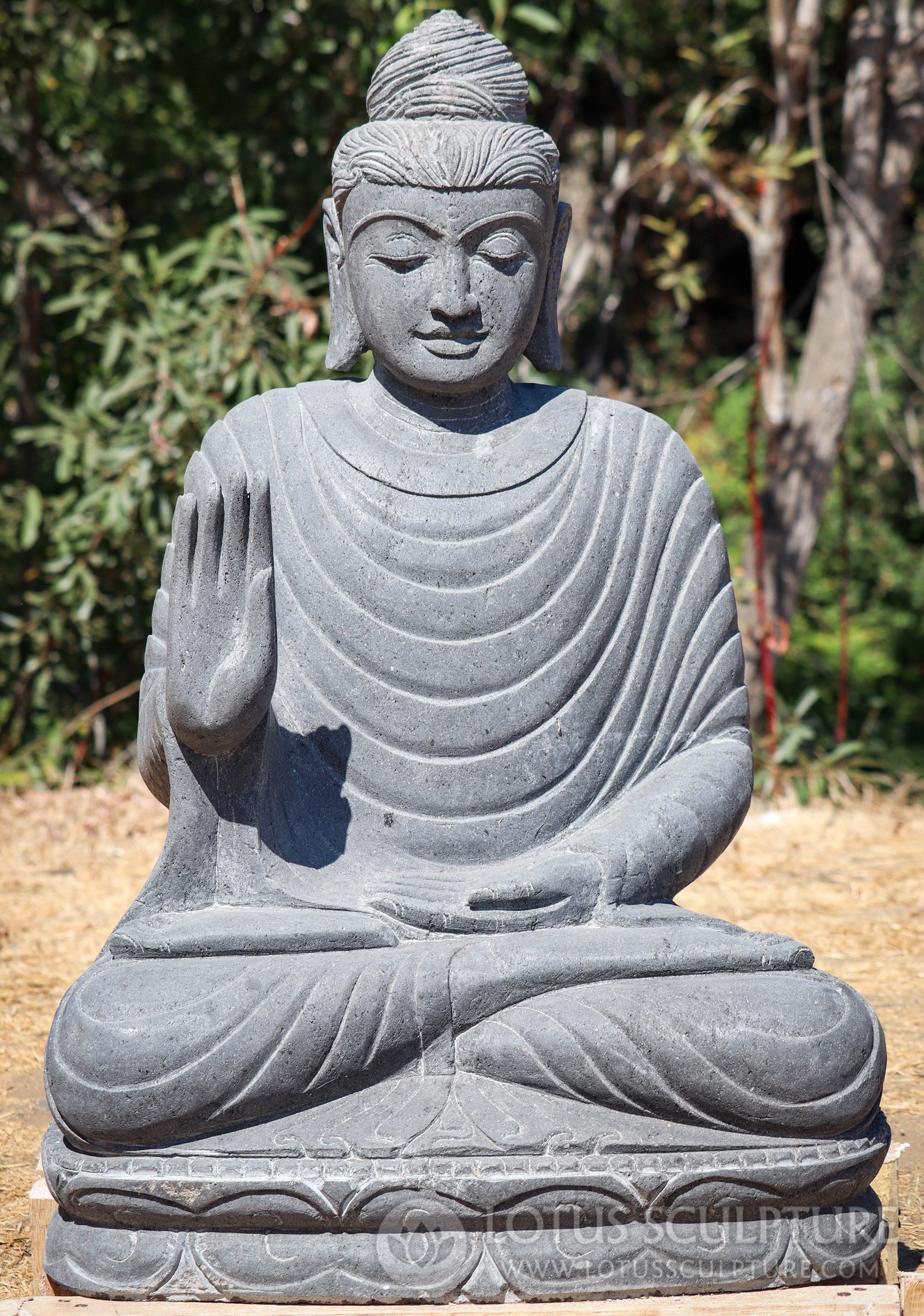 Buddha in Abhaya Mudra - Hand Carved Natural Lava Stone Garden Sculpture 34"