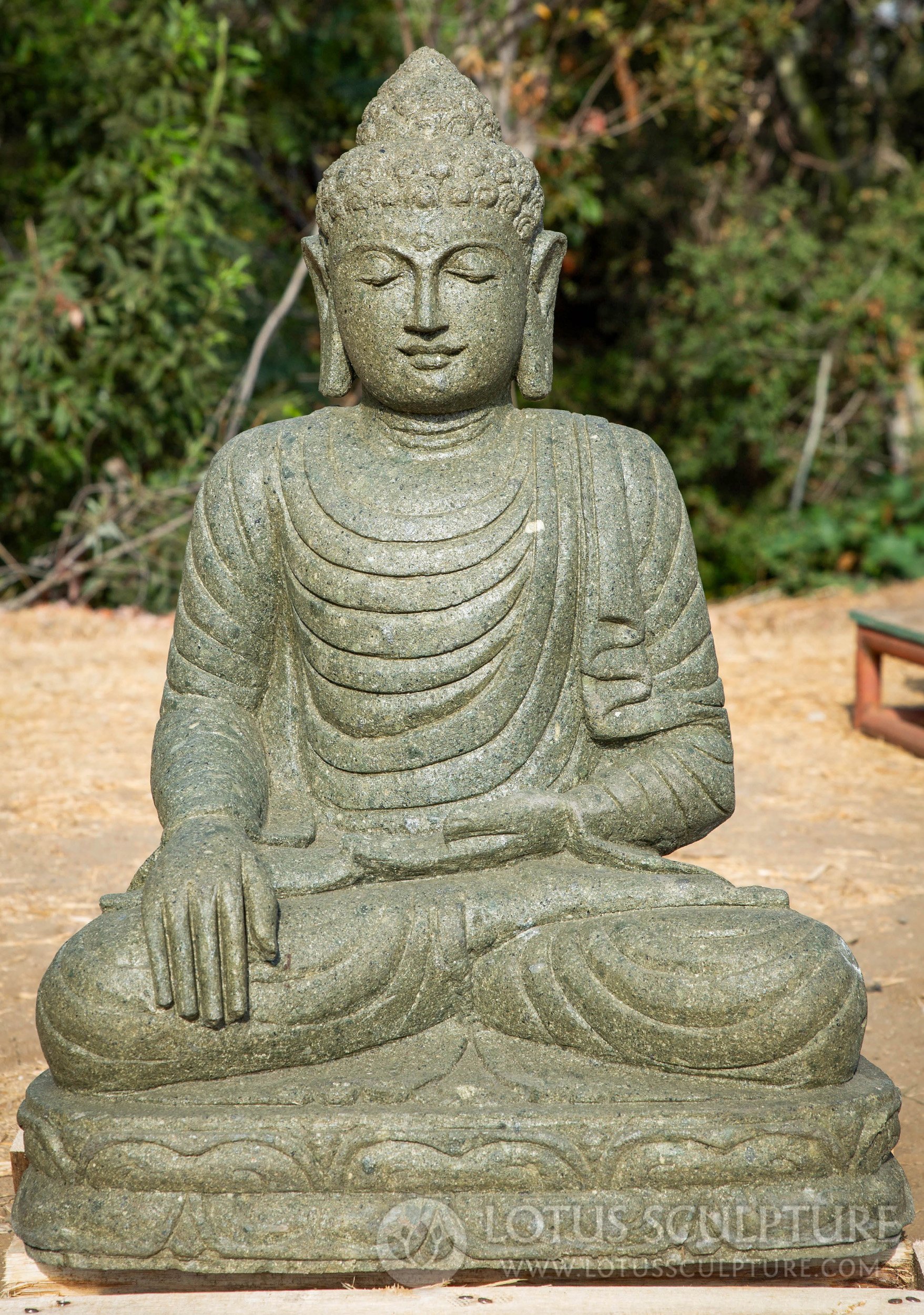 Buddha Garden Statue in Earth Touching Mudra, Seated Lava Stone on Lotus Base 31"