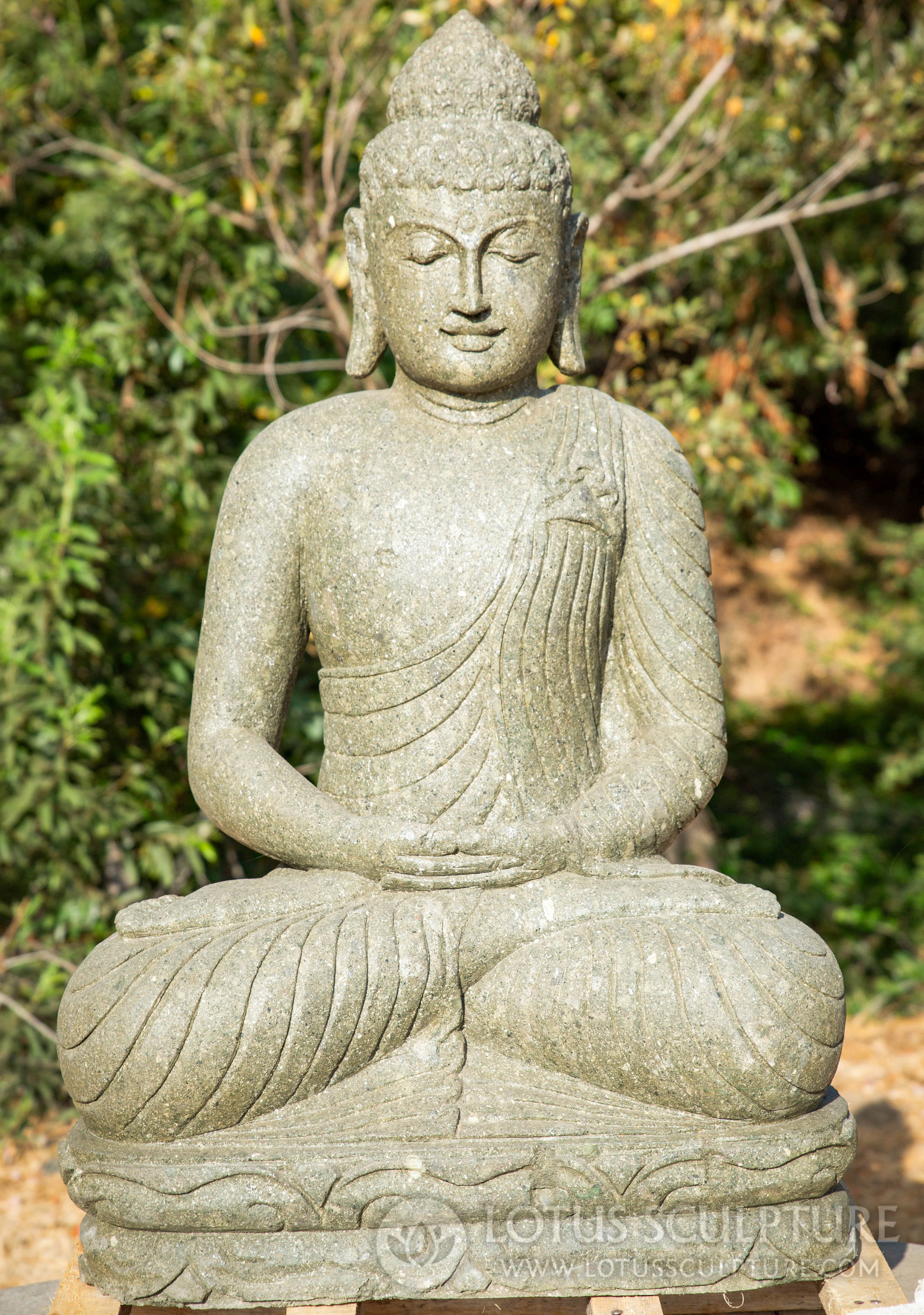 Buddha Garden Sculpture Meditating Lotus Base Hand Carved Green Lava Stone 40"