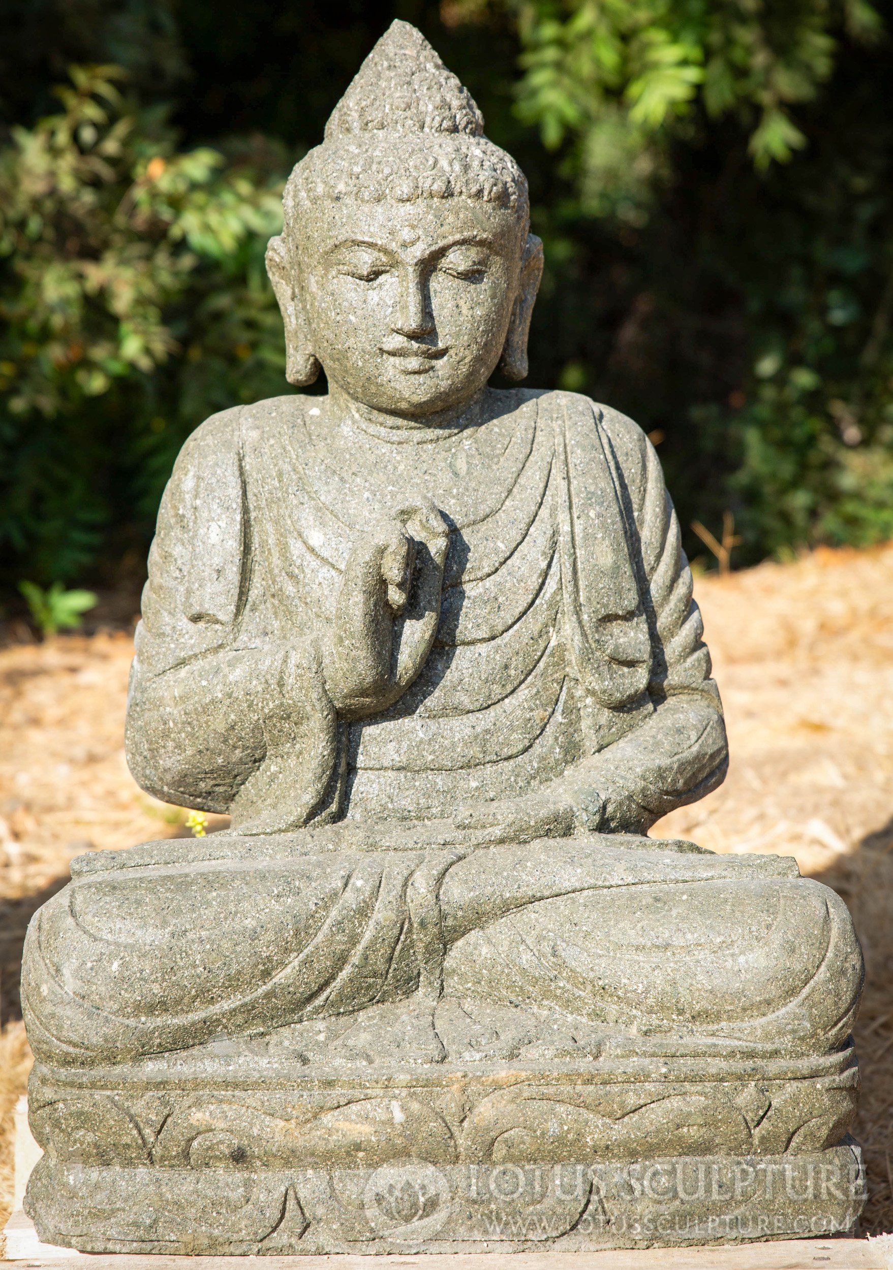 Buddha Garden Statue Stone in Vitarka Mudra, Seated in Padmasana on Lotus Base 28"