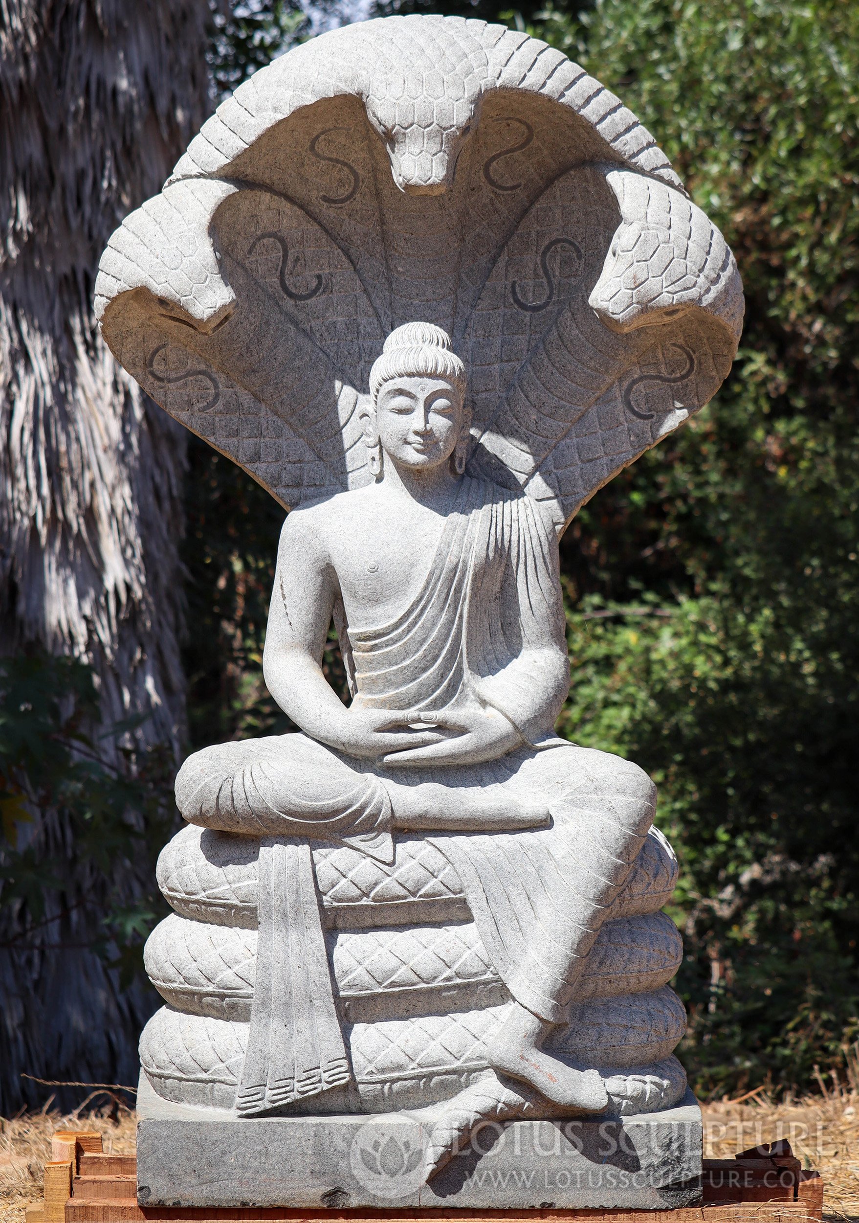 Buddha Sculpture Large Hand Carved Lava Stone Meditating Under Muchalinda 67"