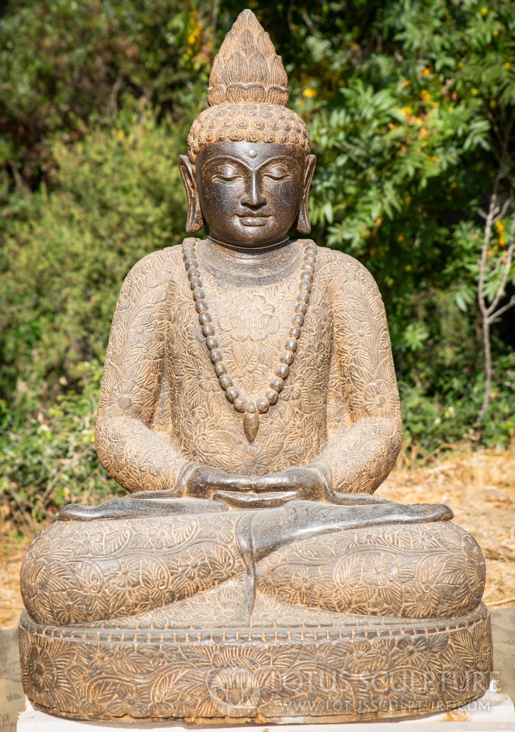 Garden Buddha Statue with Floral Robes, Meditating in Padmasana Hand Carved Stone 45"