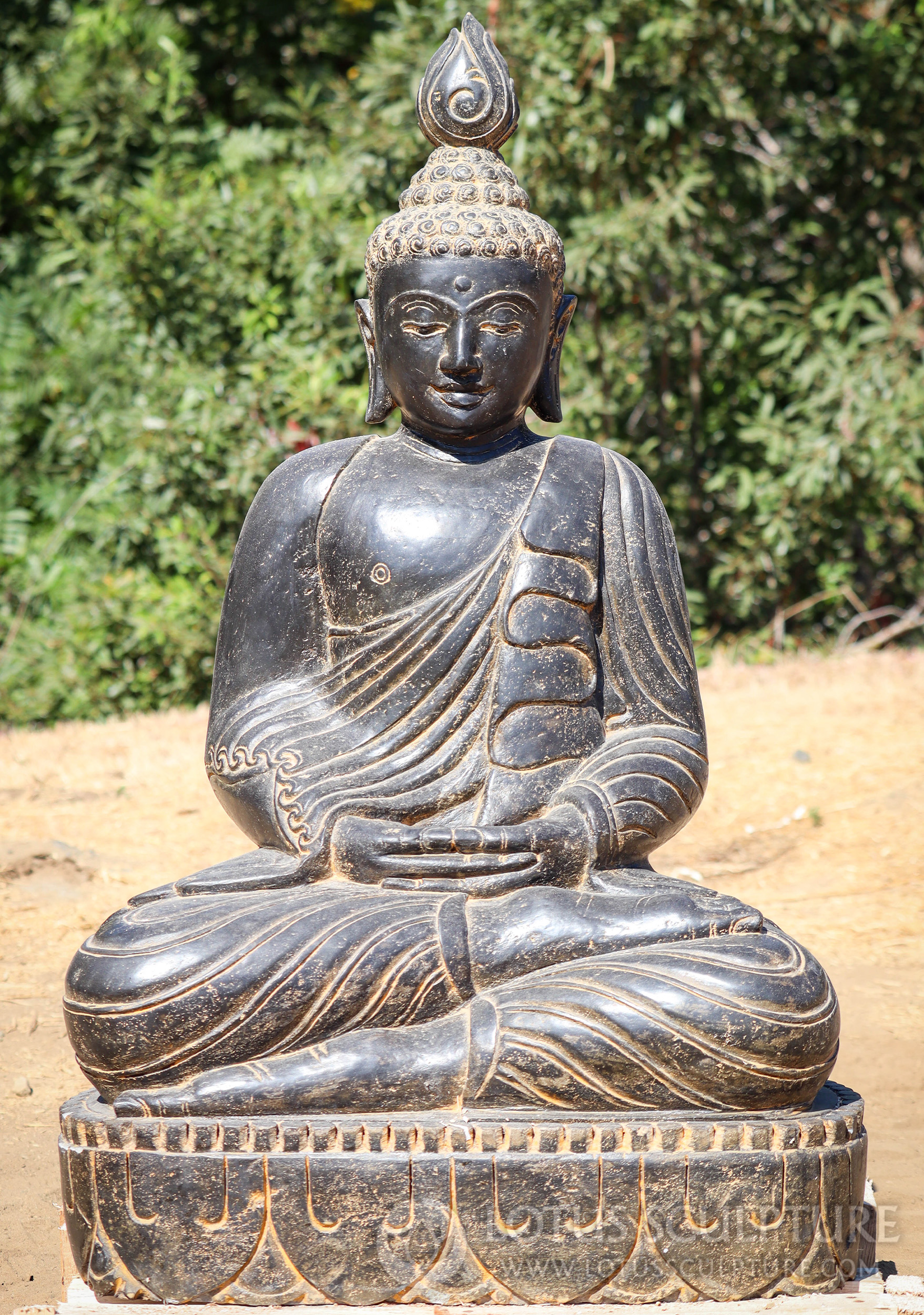 Buddha Sculpture in Lava Stone - Hand-Carved Meditating with Flame Finial 38"