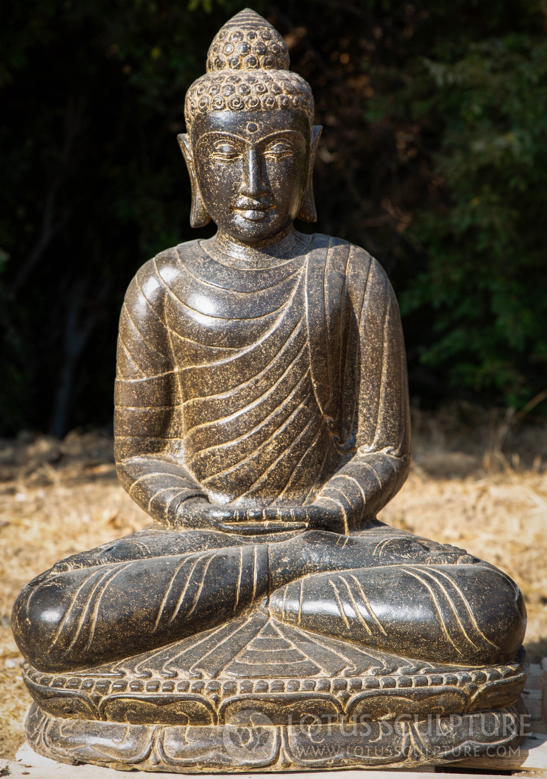 Buddha Stone Meditating Garden Statue in Full Lotus Seated Postion, Hand Carved 33"