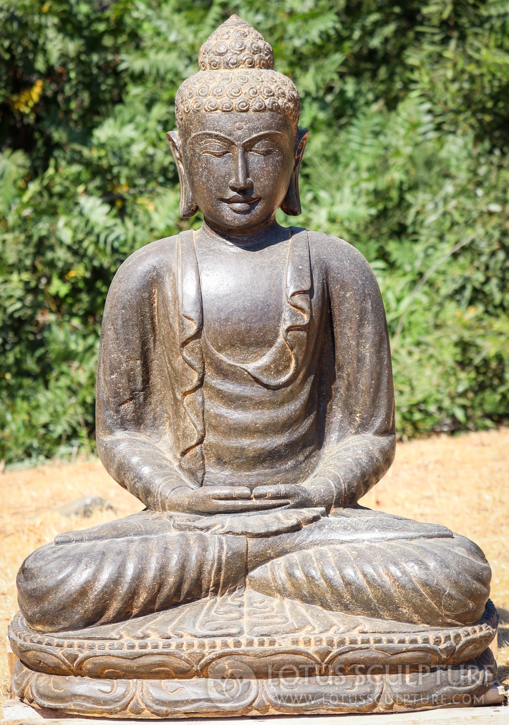 Buddha in Saffron-Colored Lava Stone, Meditating in Dhyana Mudra, from Indonesia 36"