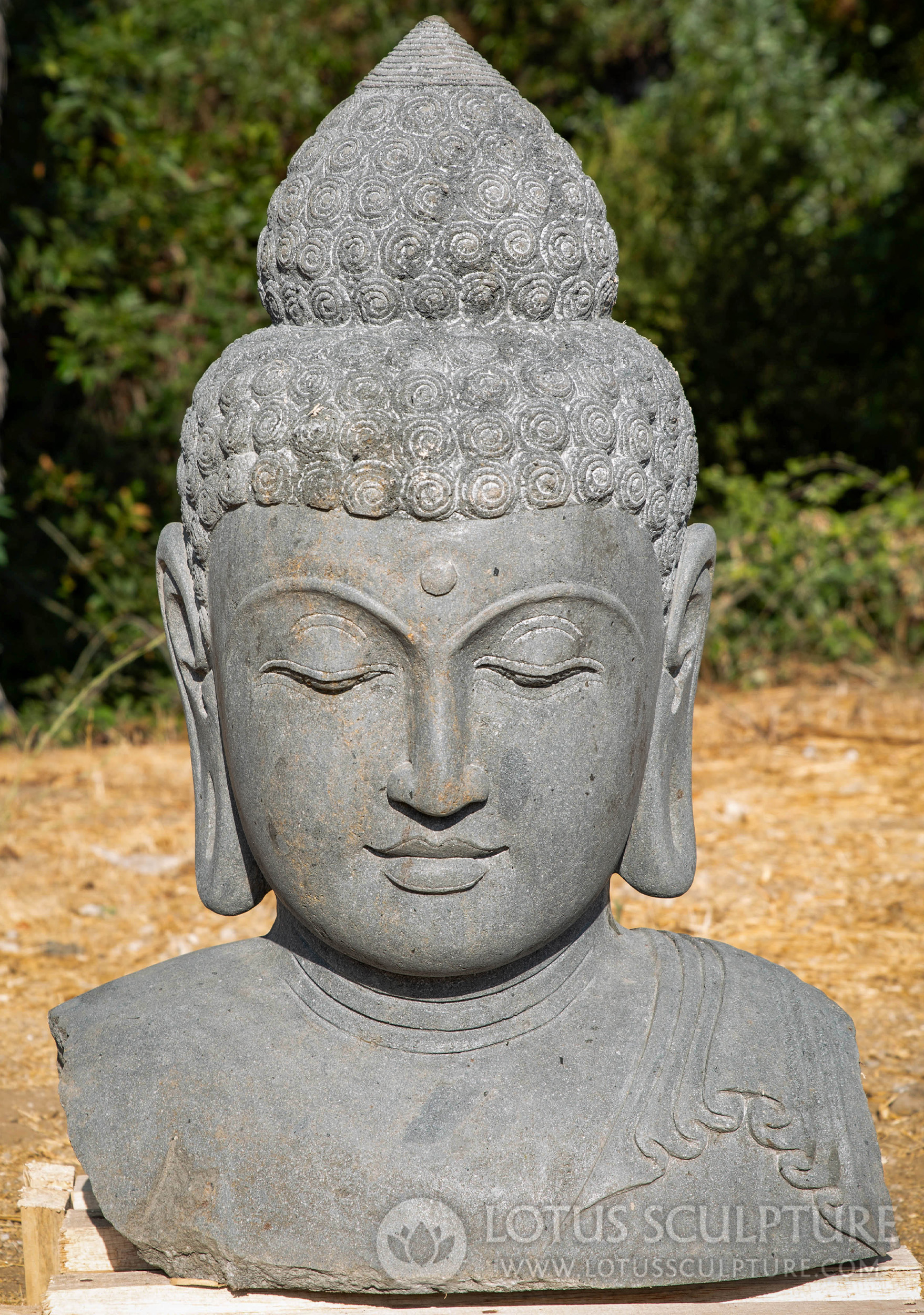 Buddha Bust Stone Garden Sculpture with Ushnisha, Urna, and Serene Smile 34"