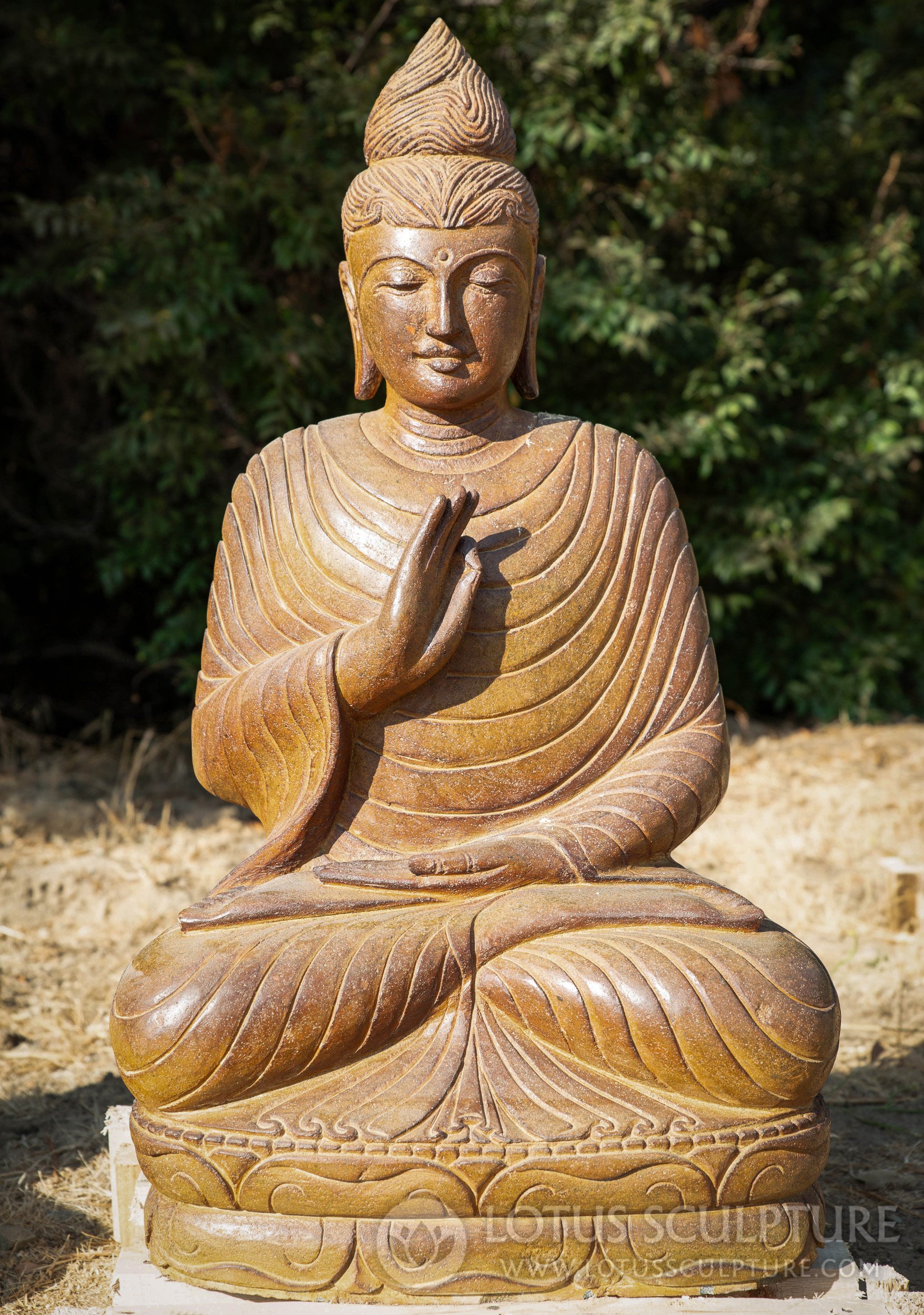 Buddha Garden Statue, Seated on Lotus Base with Full Robes Vitarka Mudra 37"