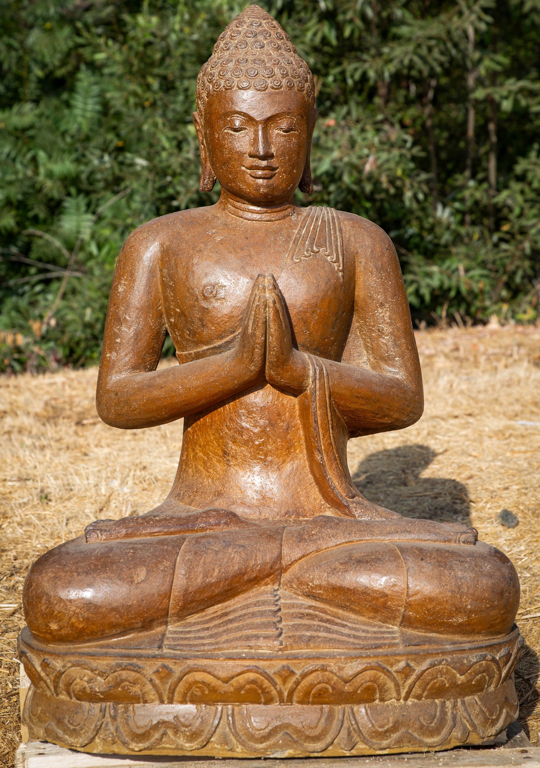 Buddha Garden Statue with Saffron Finish, Seated in Lotus Position, Namaste Mudra 33"