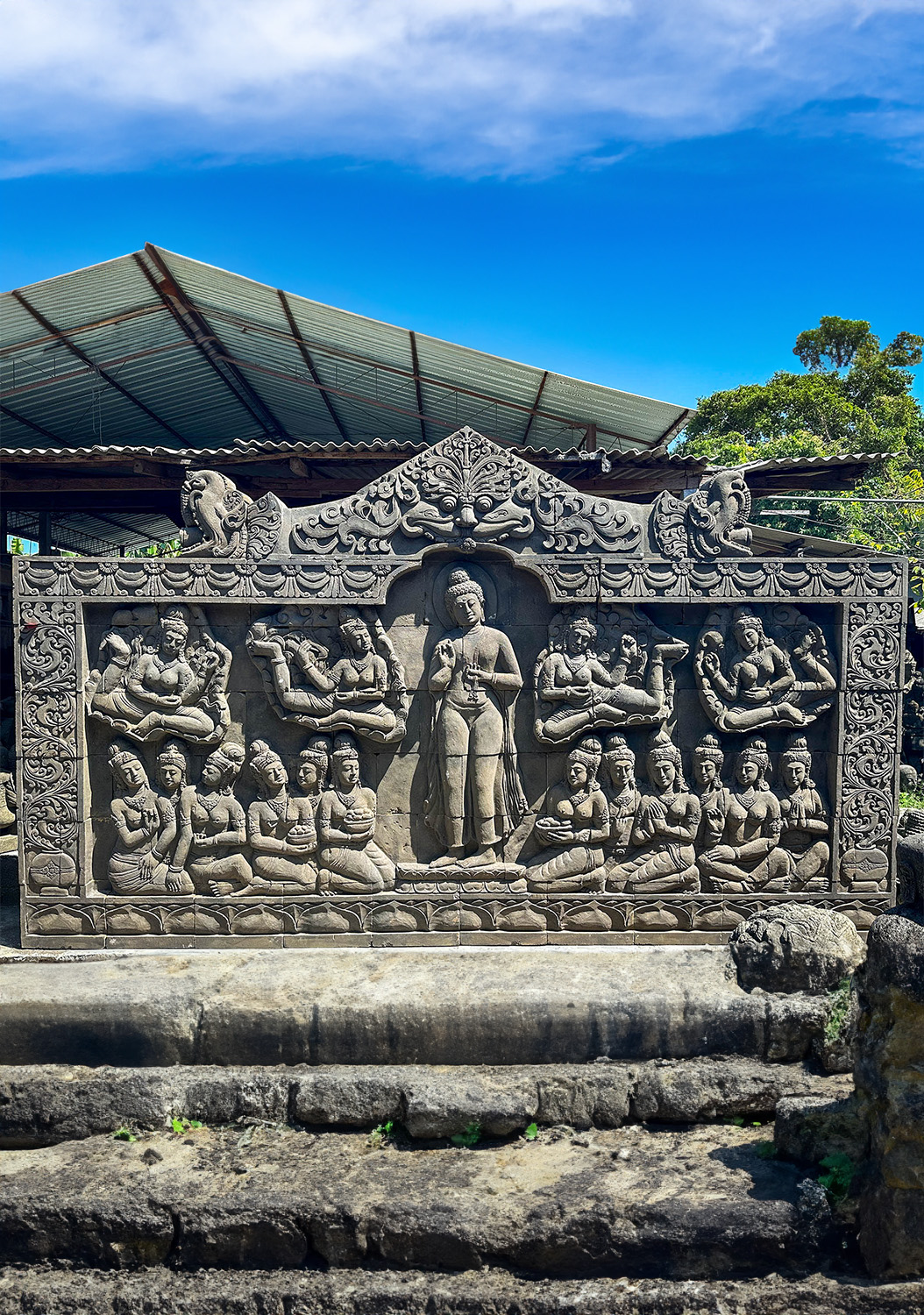 Buddha Stone Wall Relief with Attendants and Apsaras - Hand-Carved Lava Stone 7.75x13'