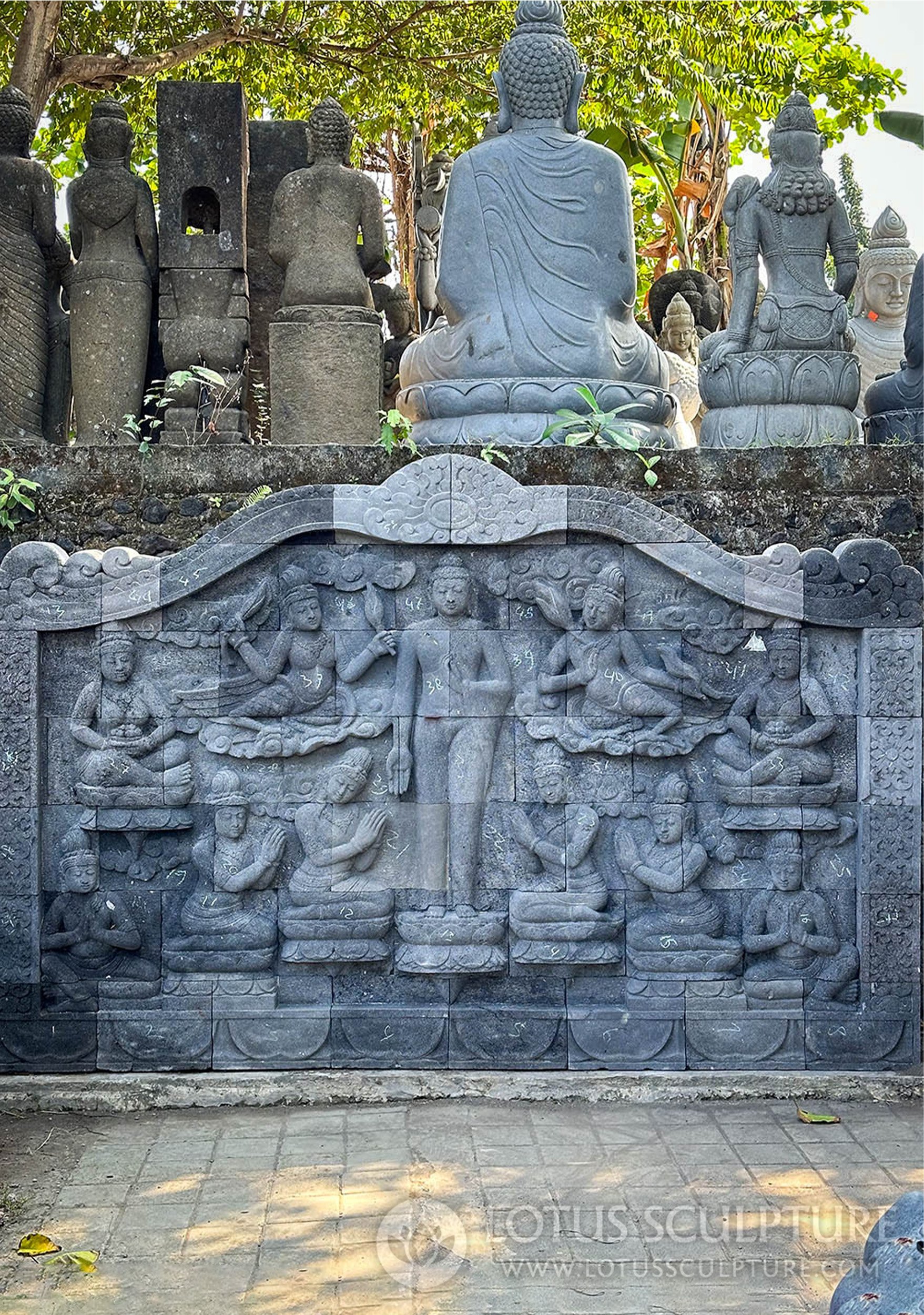 Buddha Stone Wall Relief with Attendants and Apsaras - Hand-Carved Lava Stone Art 7'x10.5'