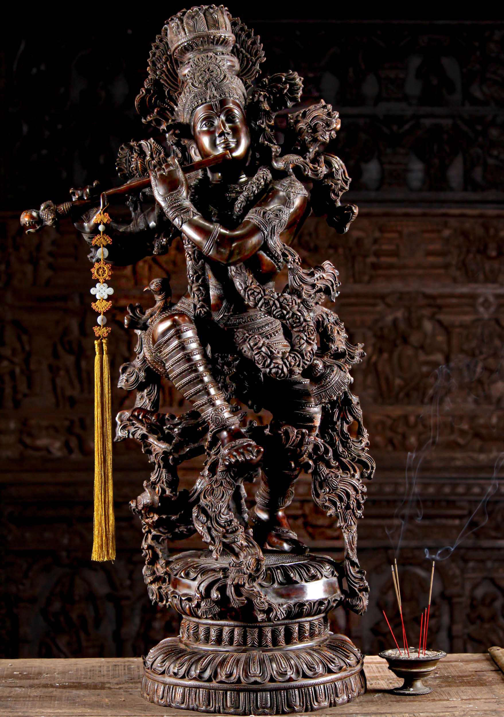 High Quality Brass Gopal Krishna Statue Dancing Ecstatically while Playing Flute with Peacock 43"