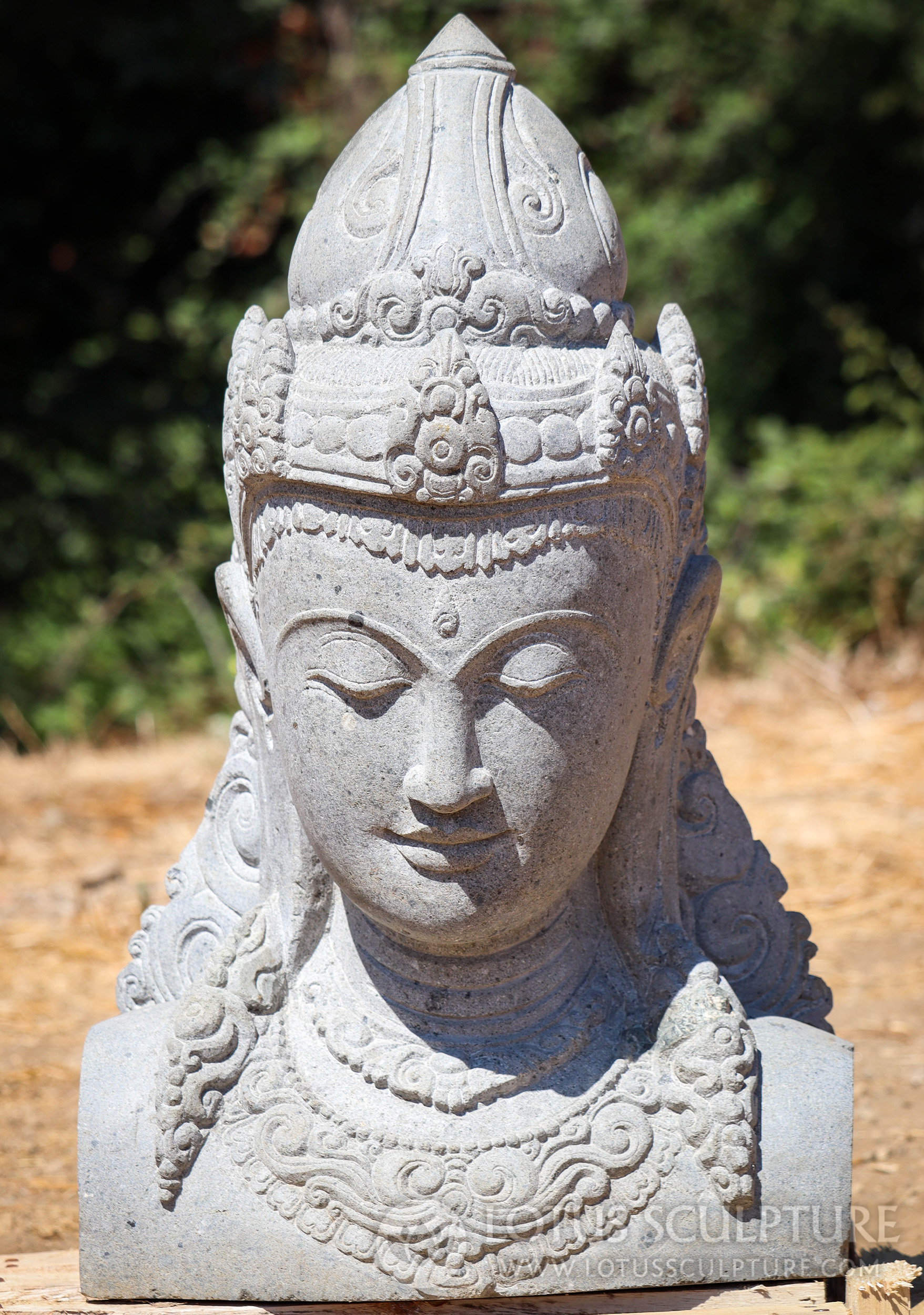 Devi Tara Bust with Detailed Crown, Natural Lava Stone, Hand Carved in Indonesia 27"