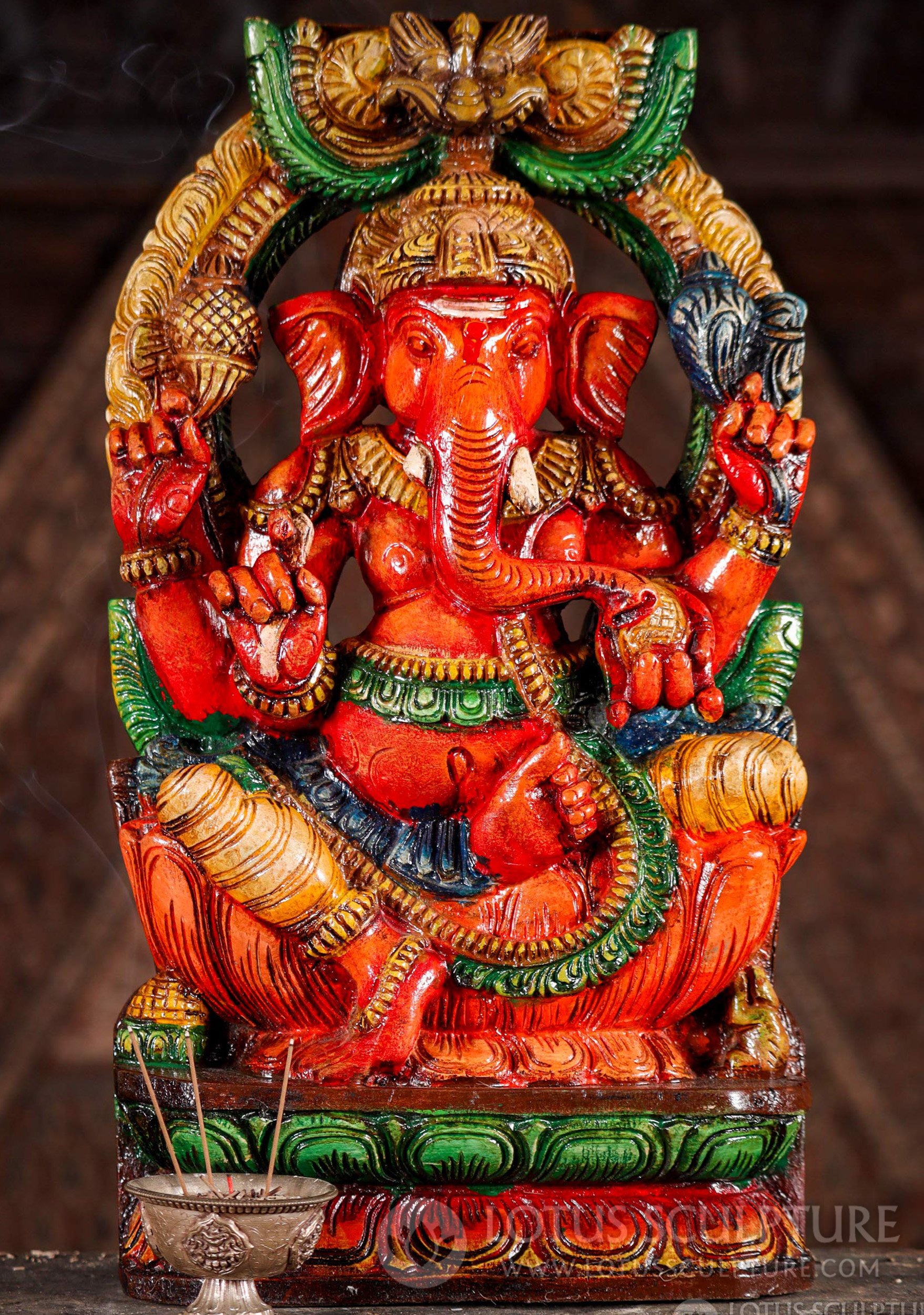 Ganesh Hand-Carved Wooden Statue Under Arch Hindu God Seated on Lotus Base 18"