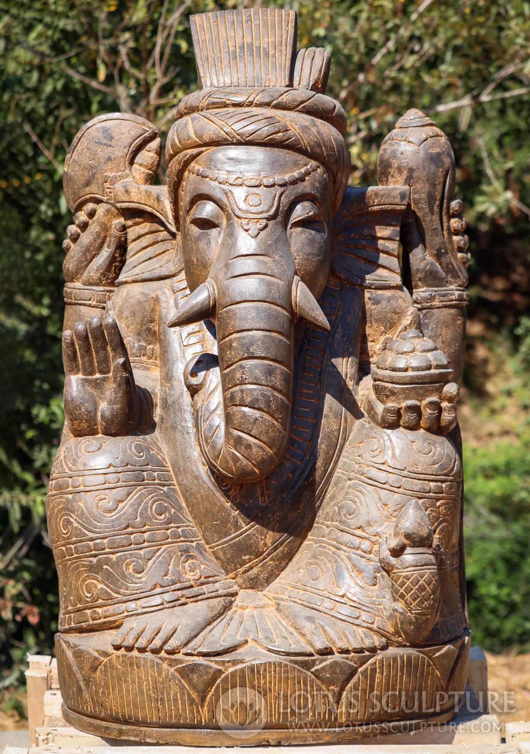 Ganesh Statue, Hand Carved Stone Outdoor Garden Sculpture with Abhaya Mudra 38"