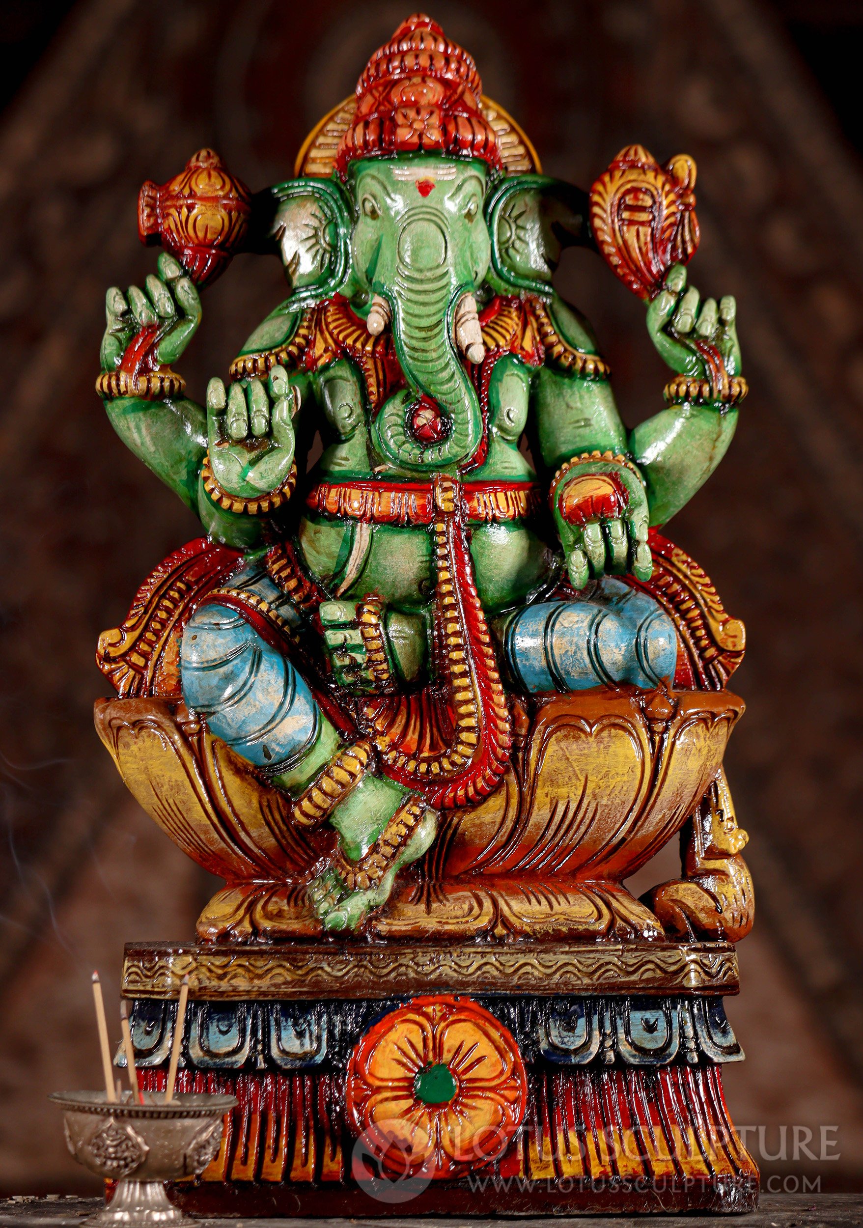 Ganesh Statue with Ax, Noose, Tusk, and Mango - Hand Carved & Painted Hindu God 18"