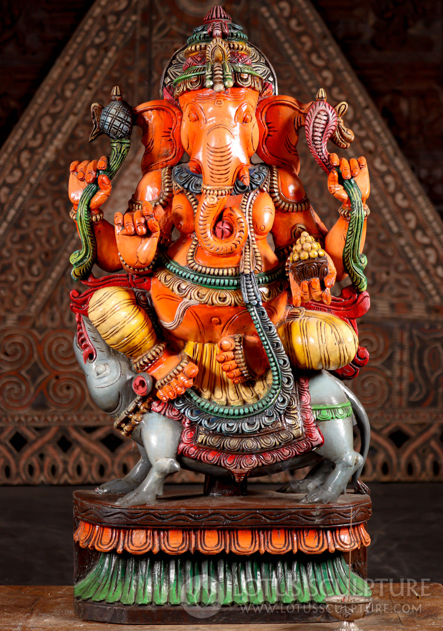 Ganesh on Mooshika Rat Statue - Hand Carved & Painted Wood Sculpture of Hindu God 36"