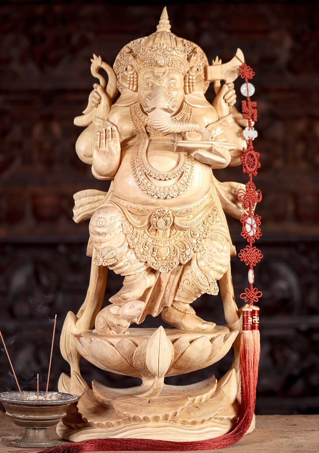 Ganesh Hand-Carved Balinese Wood Statue Dancing on Lotus with Mooshika 22"