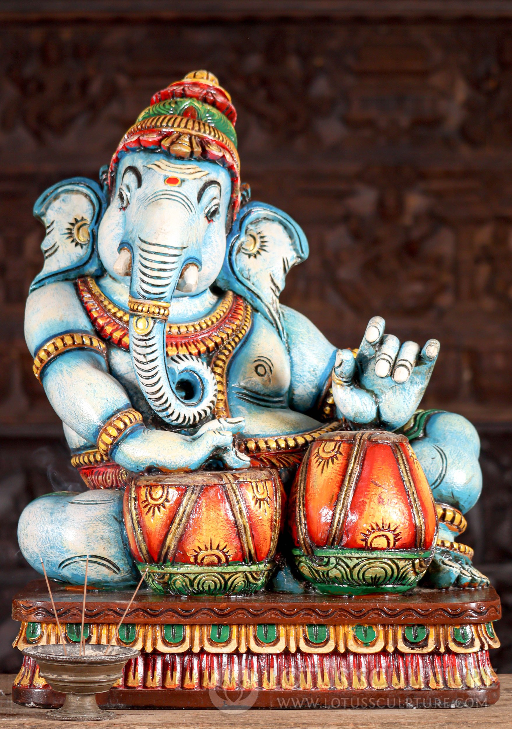 Ganesh Vibrant Painted Wood Sculpture Playing Hand Drums Musical Hindu God 24"