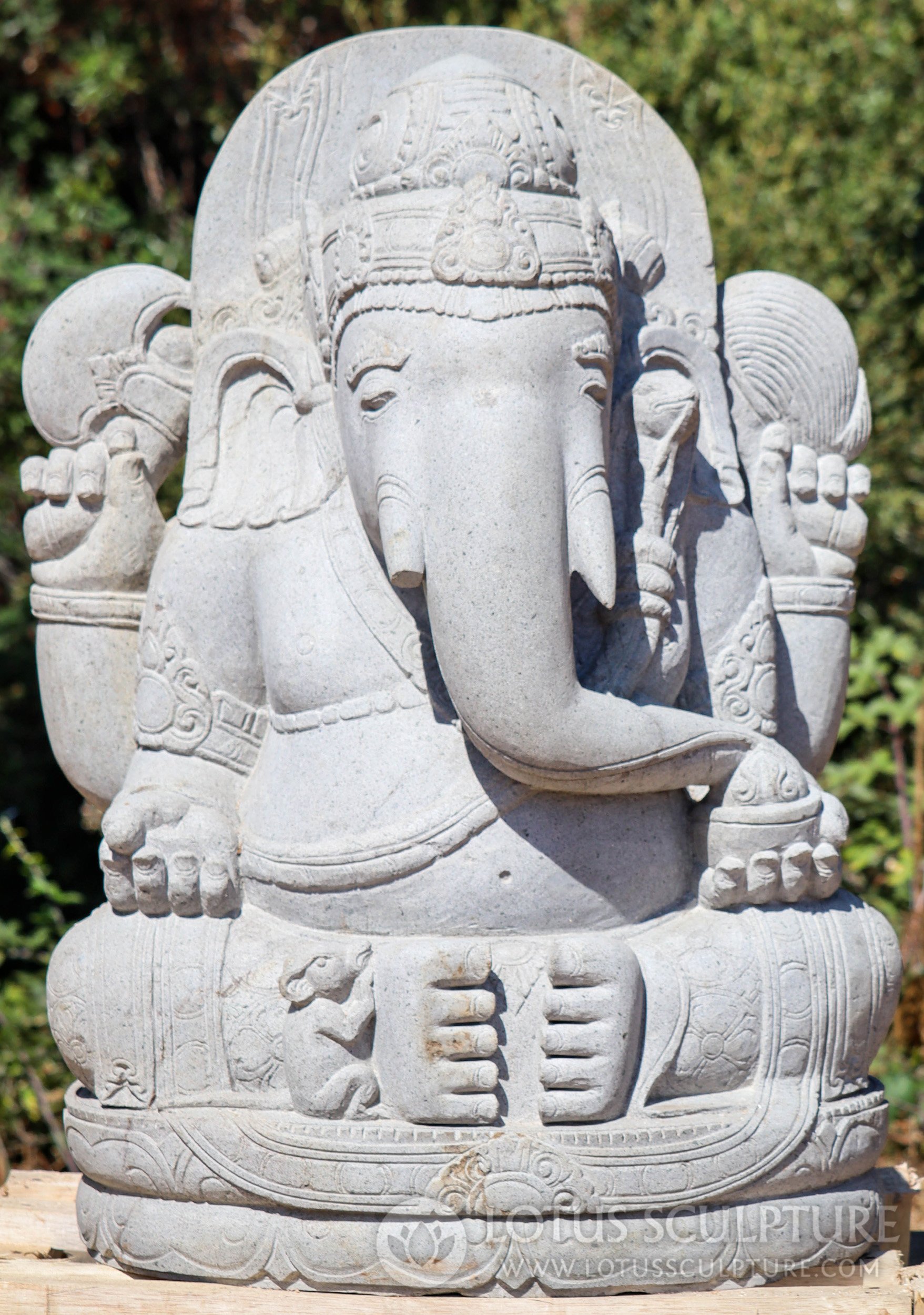 Ganesha Sculpture with Fly Whisk, Axe, Tusk & Sweets Lava Stone with Mahakala Carving 39"