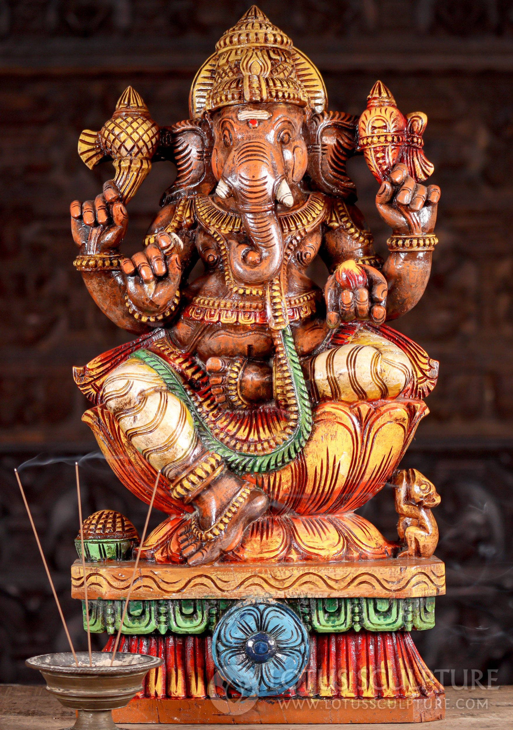 Ganesh Painted Seated Wood Statue Hindu God with Mooshika and Vibrant Finish 24"