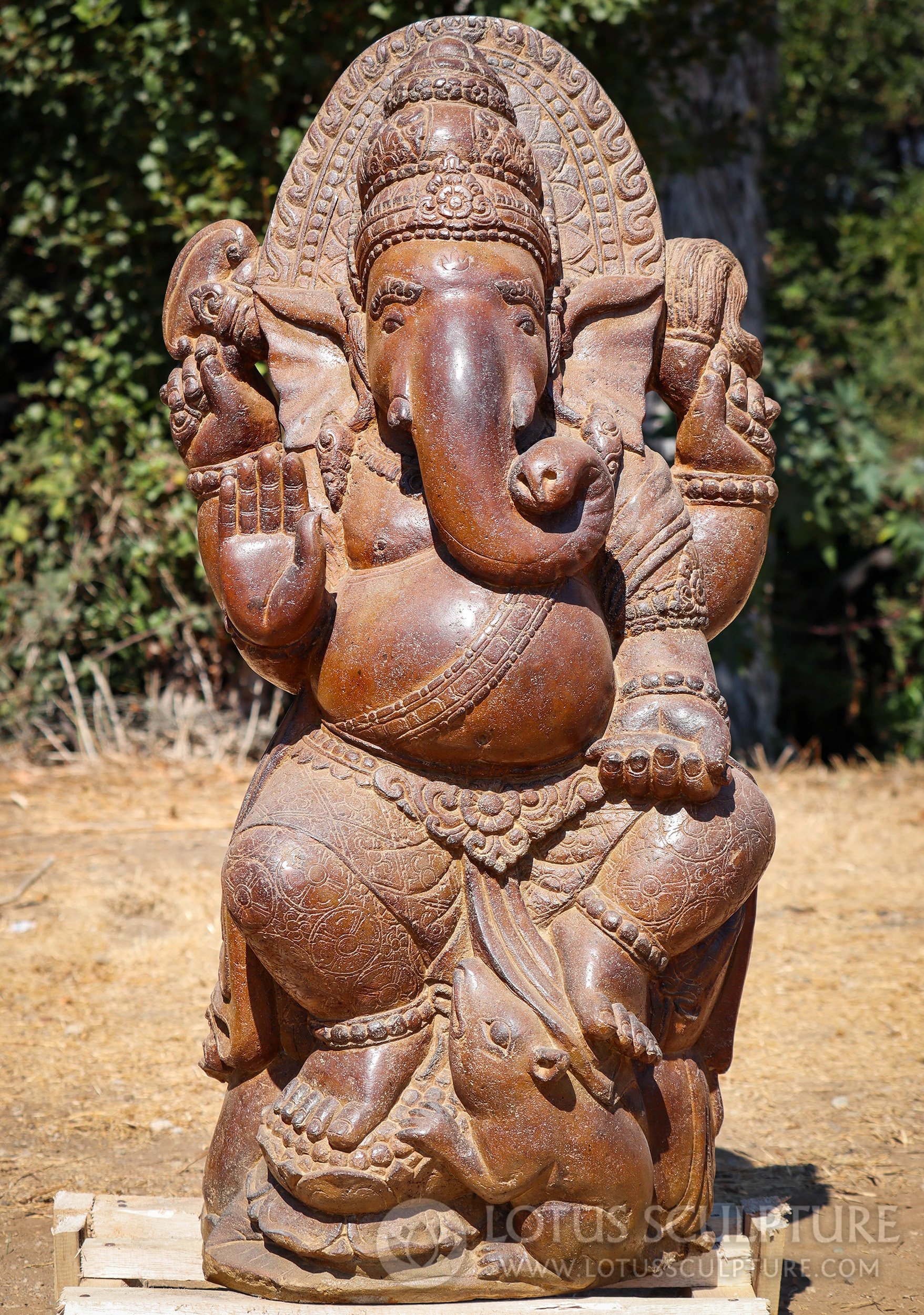 Ganesh Garden Sculpture in Lava Stone - Dancing in Abhaya Mudra with Mooshika 40"