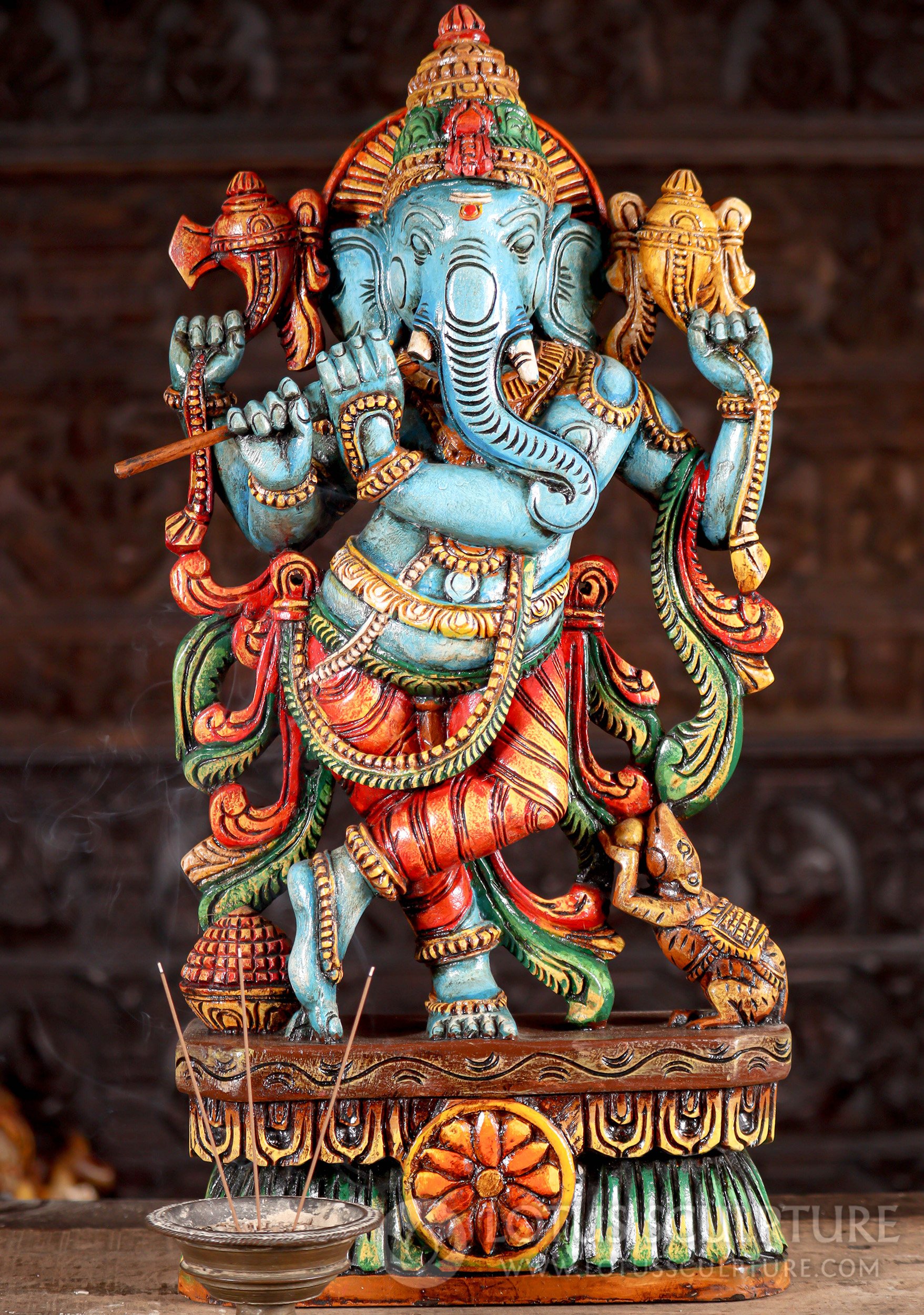 Ganesh Dancing Painted Wood Statue Hindu God with Flute and Vibrant Finish 24"