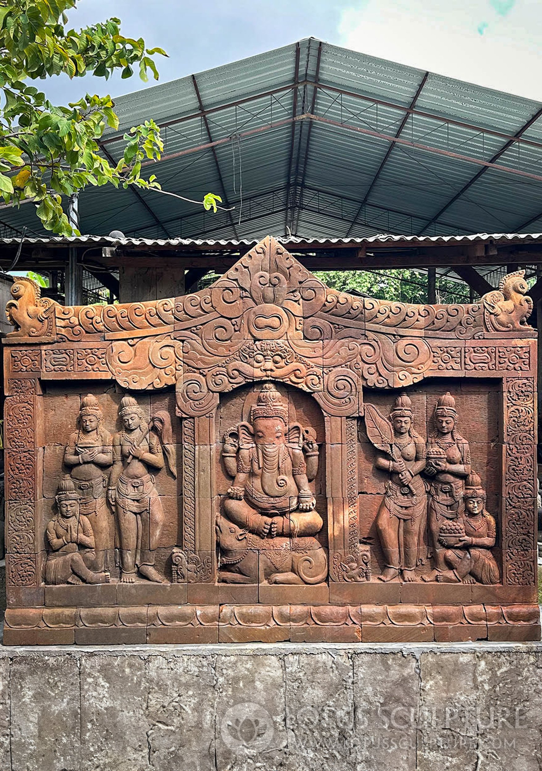 Ganesh Stone Relief Seated on Mooshika with Mala and Vessel with Yali Faces 6.5'x10'