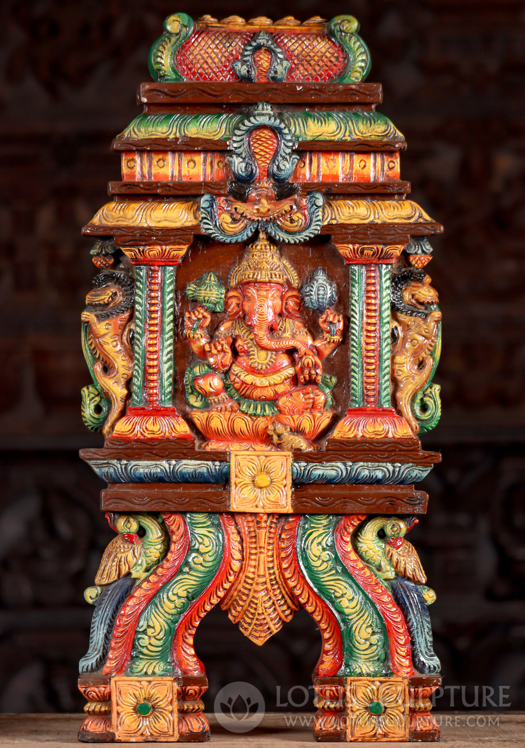 Ganesh Kavadi Wooden Sculpture Hand Painted with Yalis & Peacocks Wall Decor 24"