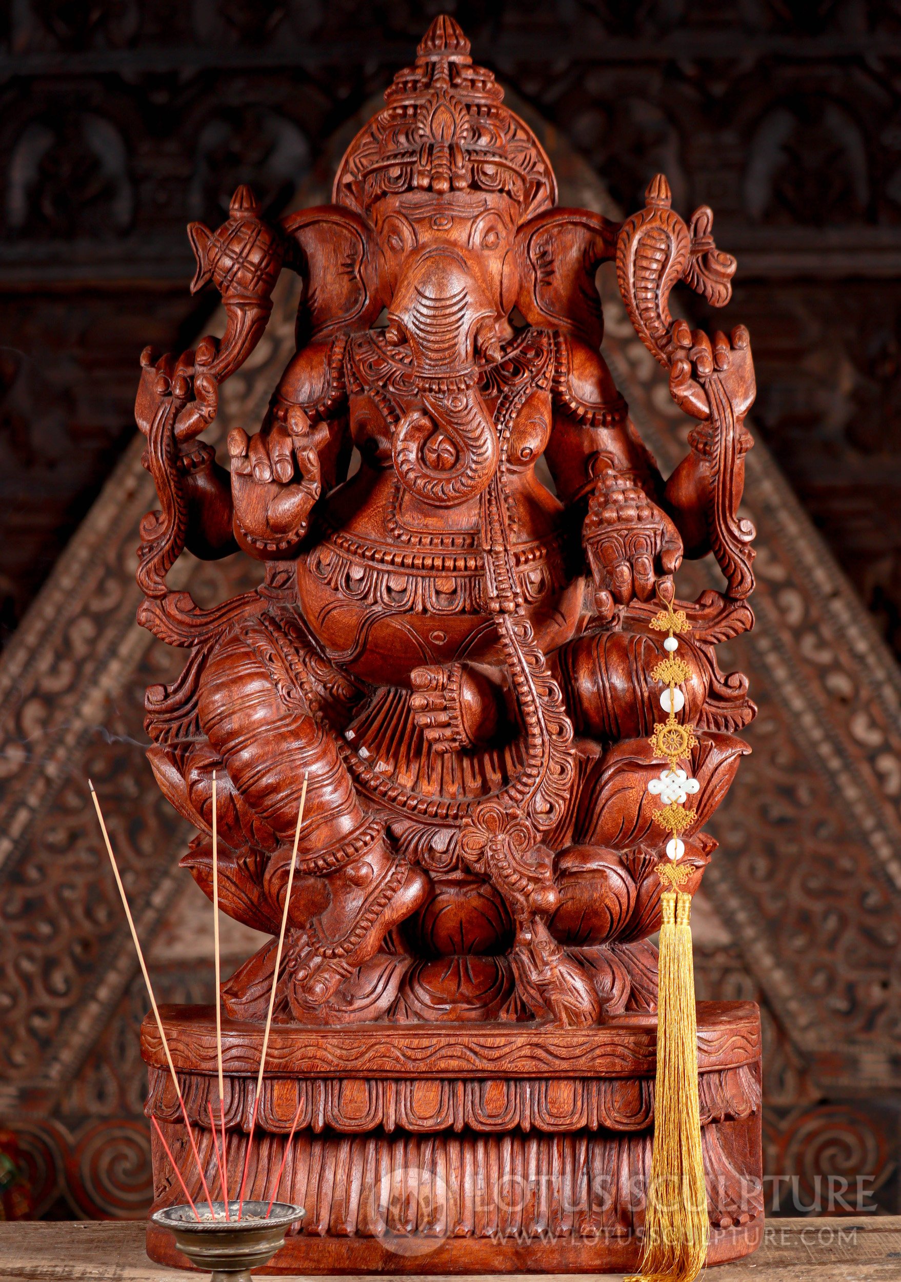 Ganesh Hand-Carved Wood Sculpture Seated in Lalitasana on Triple Lotus Base 36"