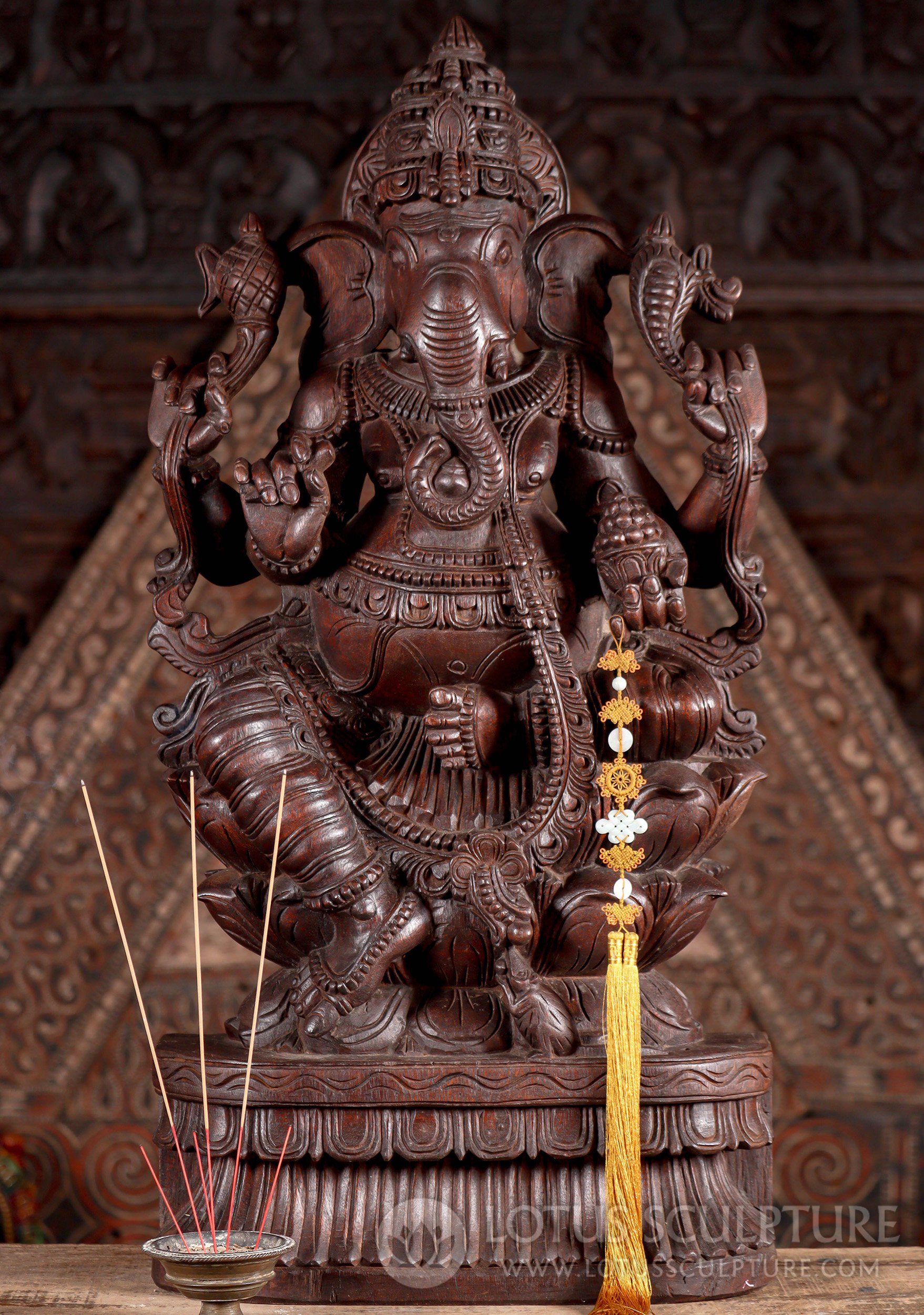 Ganesh Hand-Carved Wood Sculpture Seated on Triple Lotus with Right Cured Trunk 36"