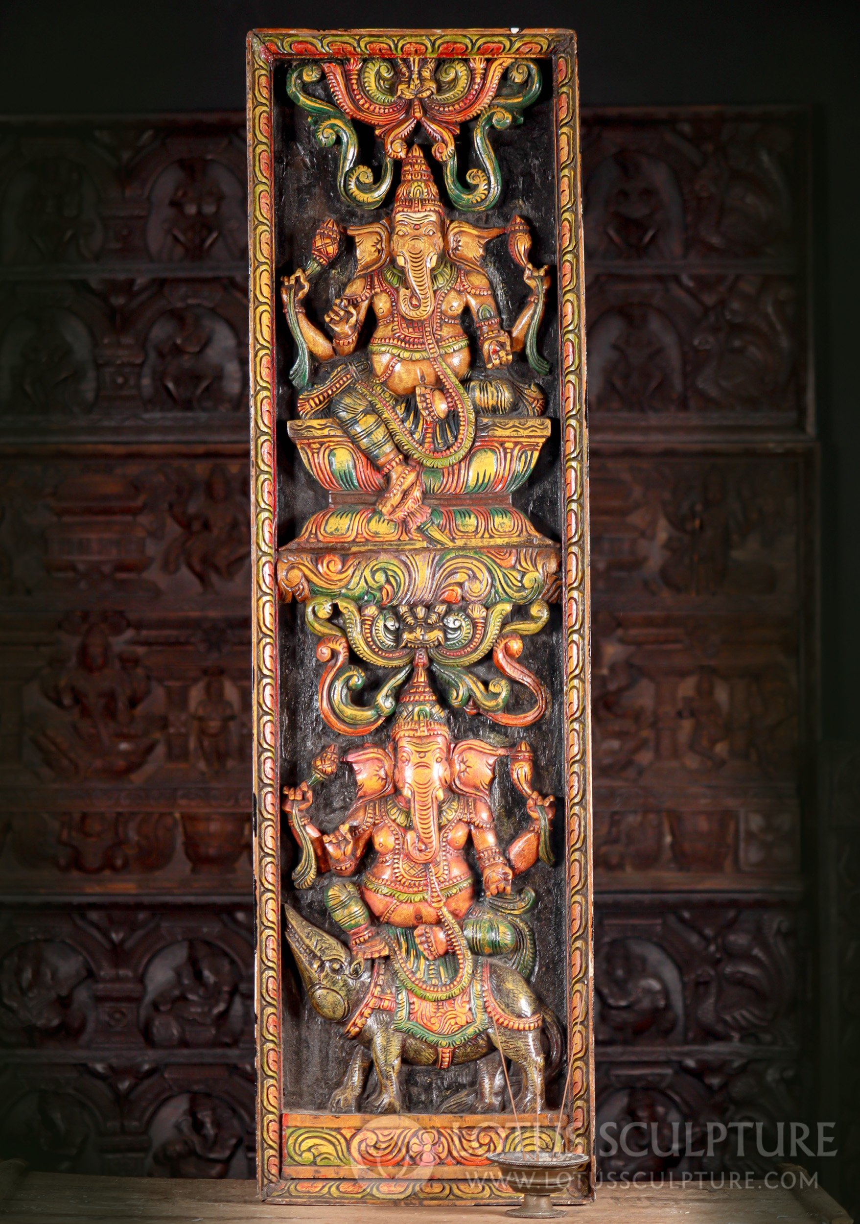 Ganesh Wood Wall Panel with Two Ganeshas and Mooshika Hand-Carved Vertical Art 48.5"