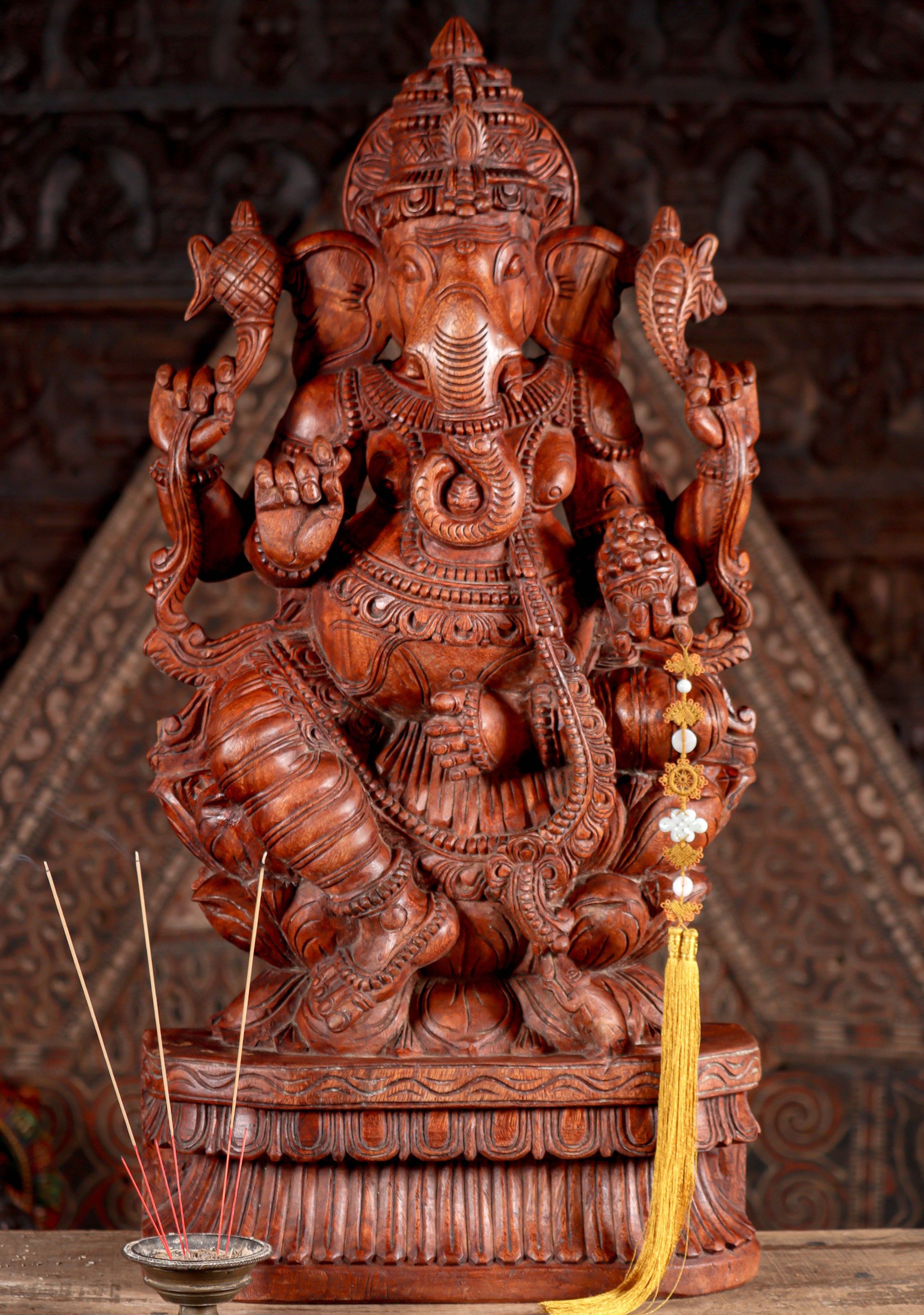 Ganesha Statue Hand-Carved Hindu Deity Seated Ganesha with Ax, Noose, Tusk, and Sweet 36"