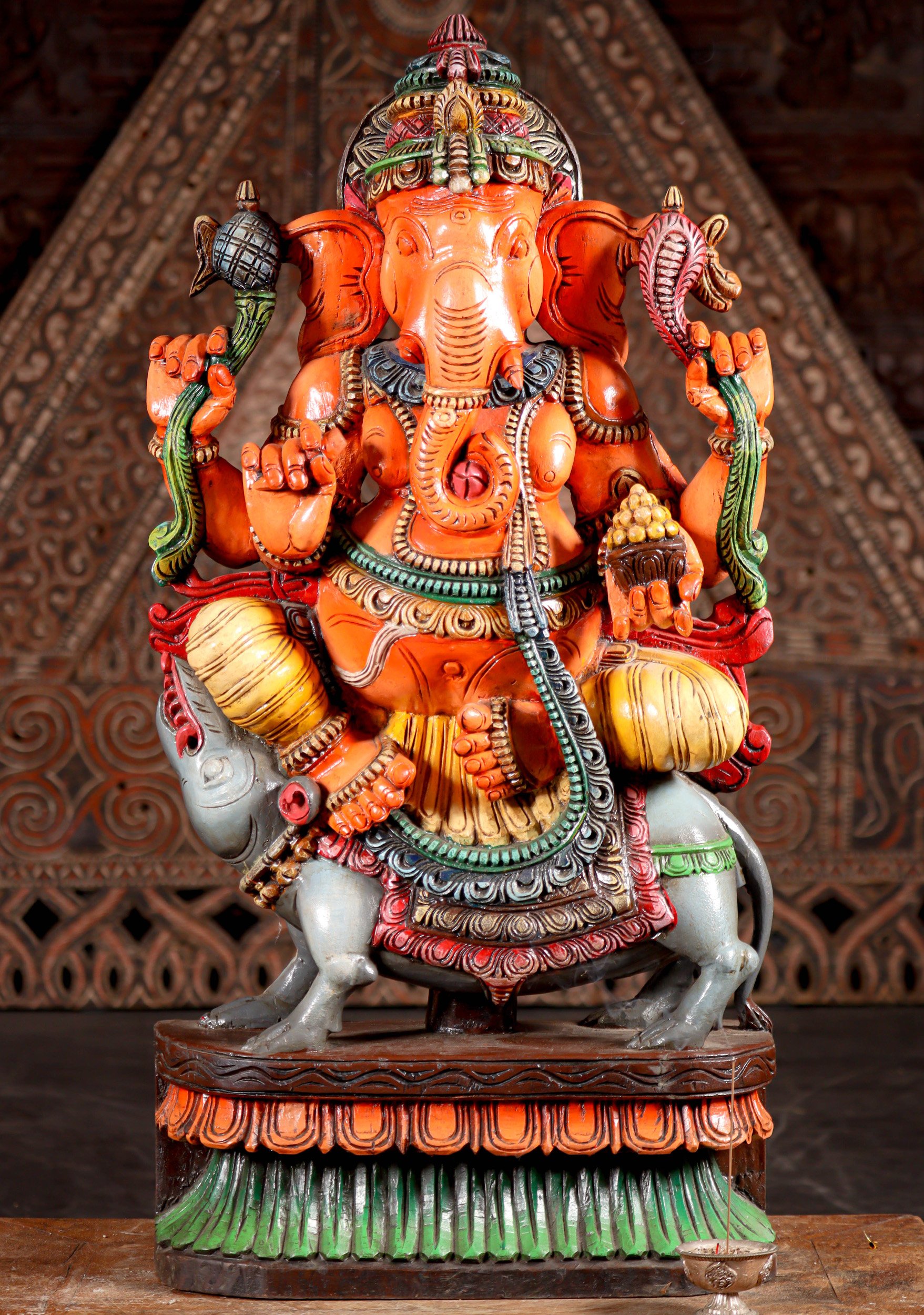 Ganesh Painted Wood Sculpture Seated on Large Rat Mooshika with Mango and Broken Tusk 30"