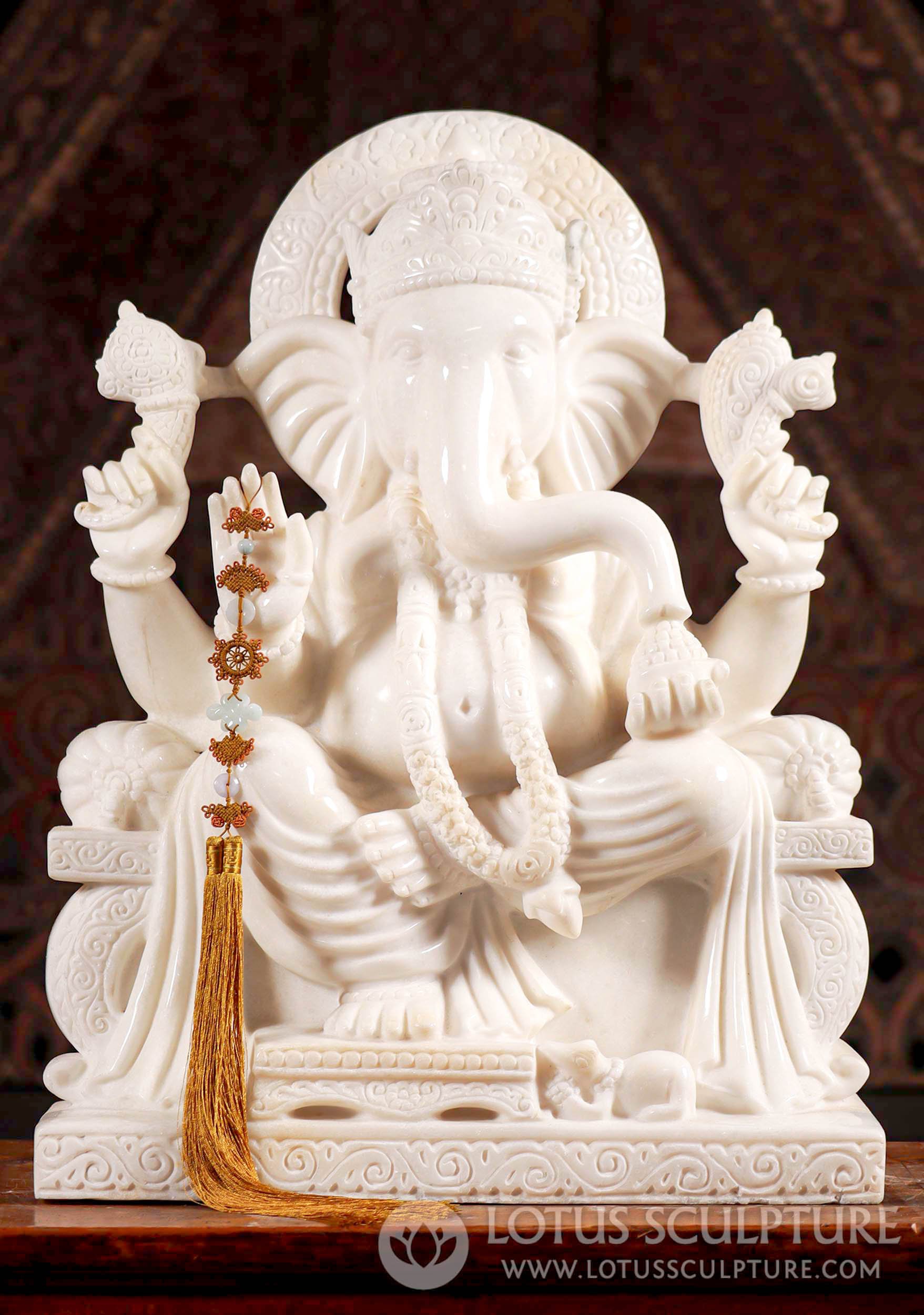 Ganesh Statue Hand Carved from White Marble in Jaipur, India Hindu God with Mooshika 26"