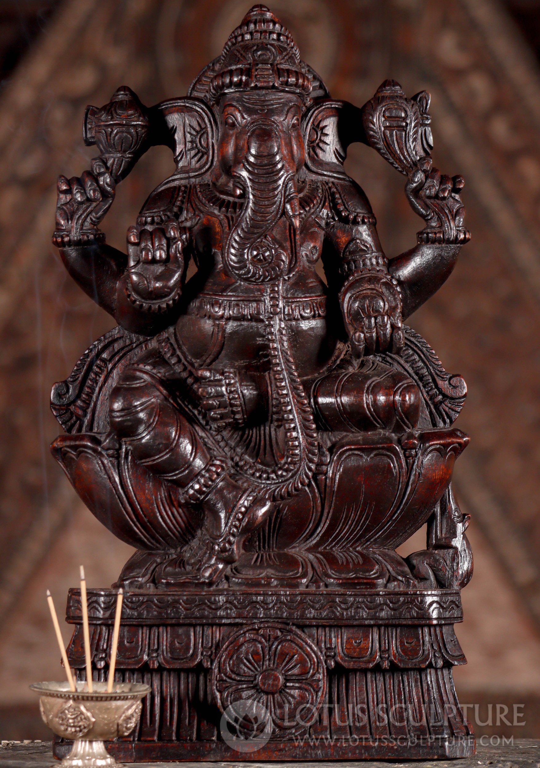 Ganesha Statue Dark Wood Finish with Broken Tusk, Ax, Noose, Mango, and Rat 18"