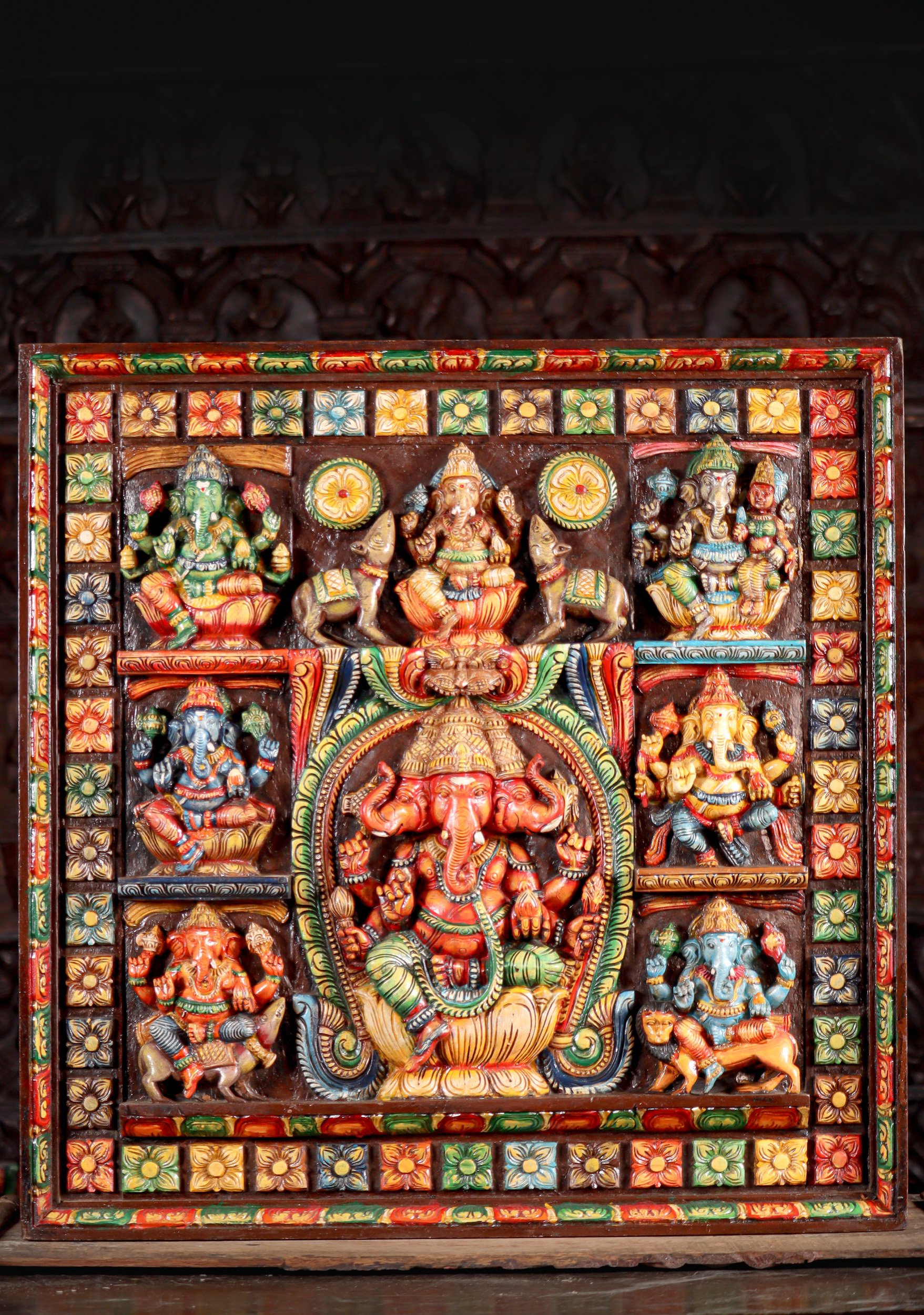 Ganesha Wall Panel Hand Carved & Painted Sculpture with Eight Forms of Ganesh 31"