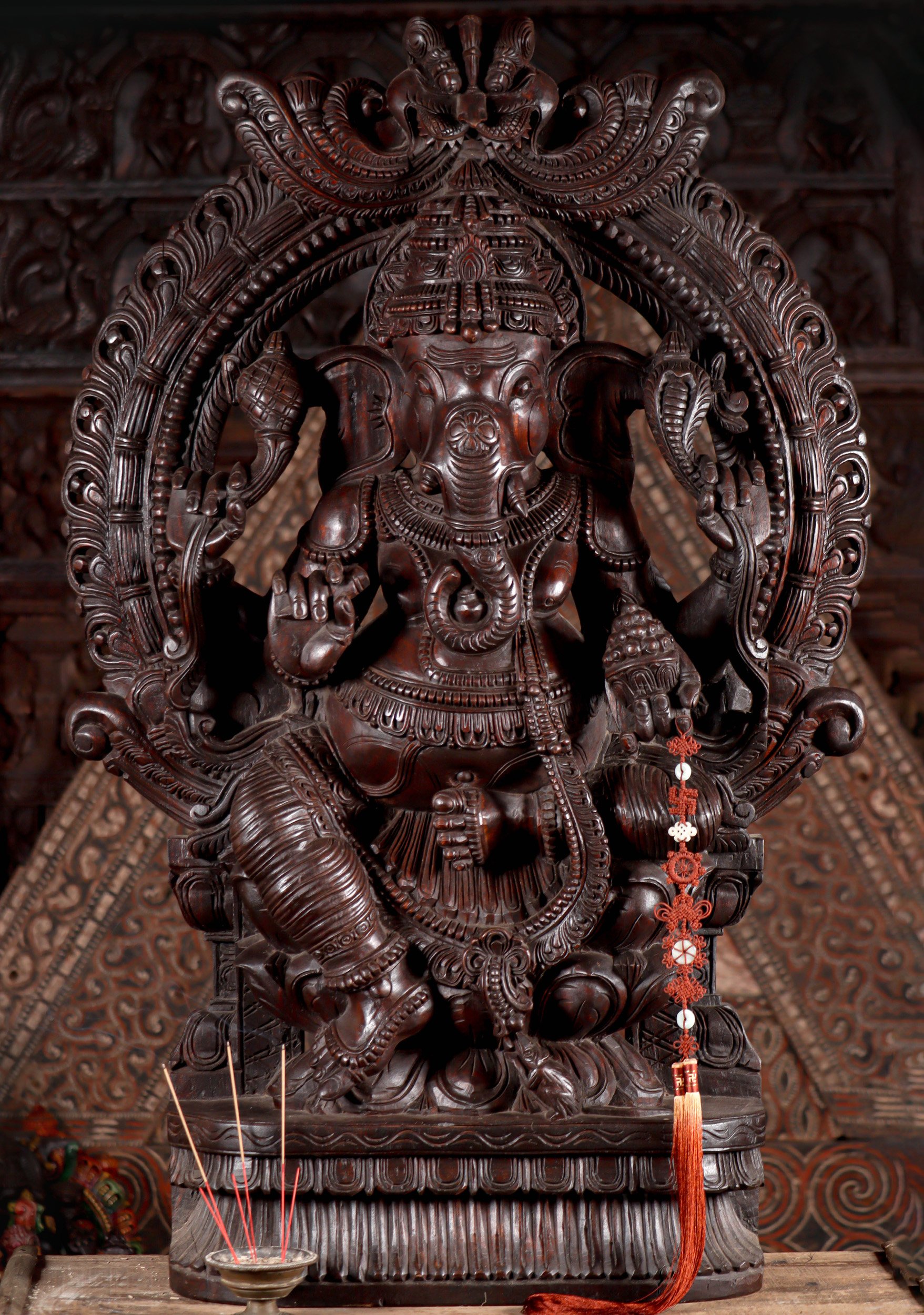 Ganesha Statue Wood Hindu Deity with Mahakala Arch, Goad, Noose, Tusk & Sweets 48"