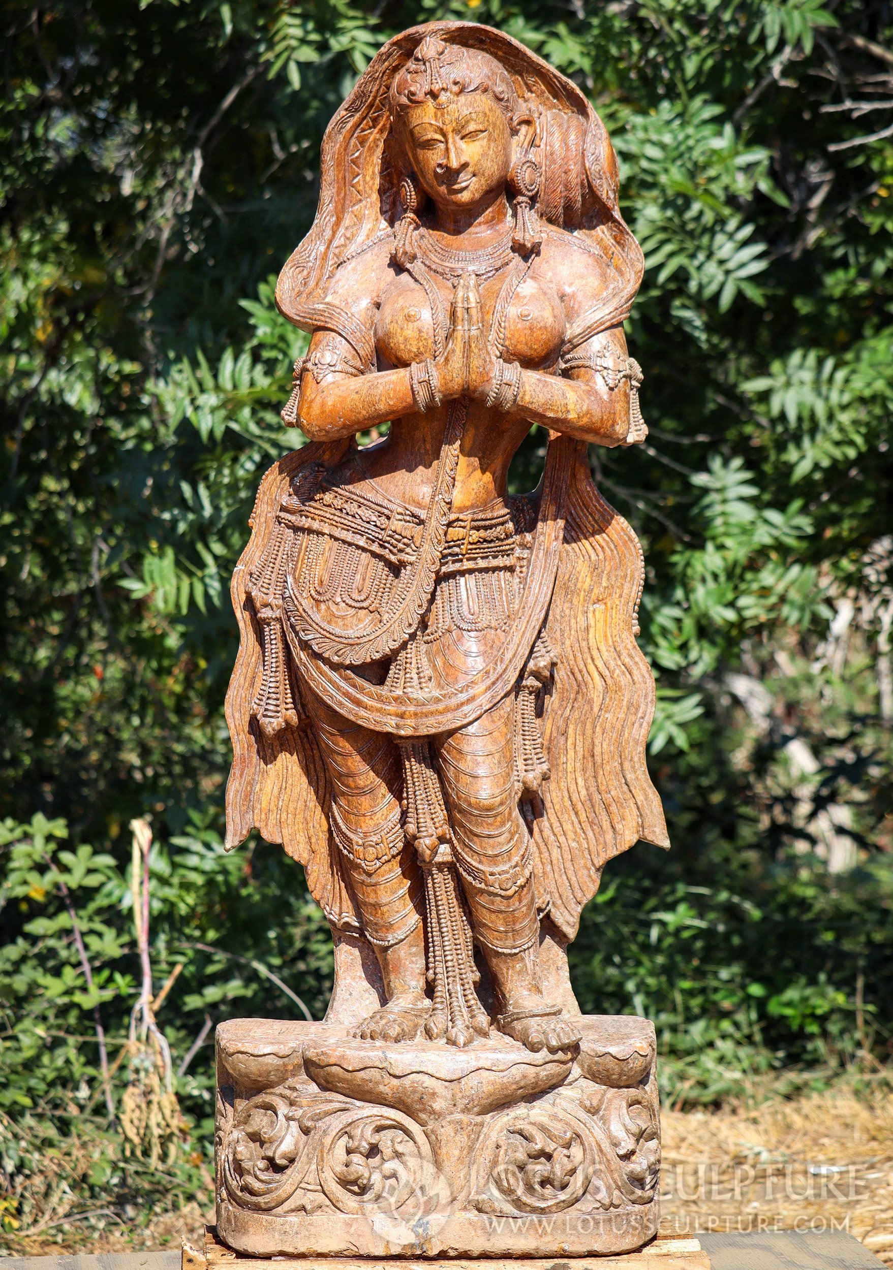 Radha Stone Sculpture Wearing Shawl Over Head with Nose Ring in Namaste/Anjali Mudra 60"